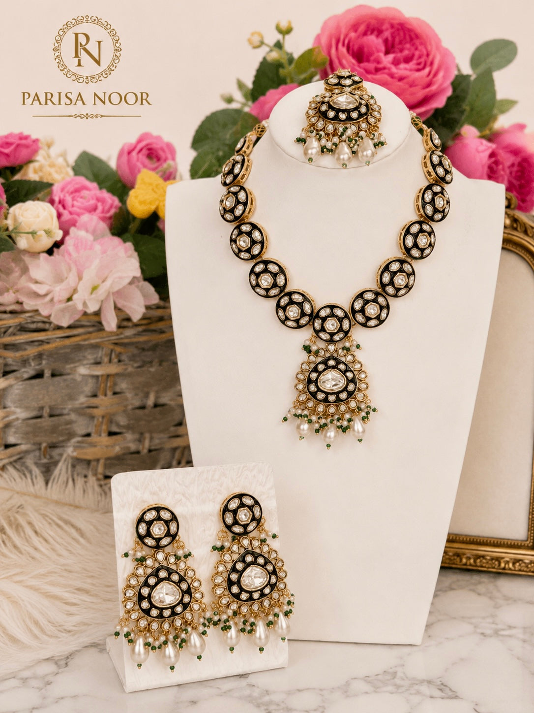 Vanya Meenakari Kundan Green Necklace Set