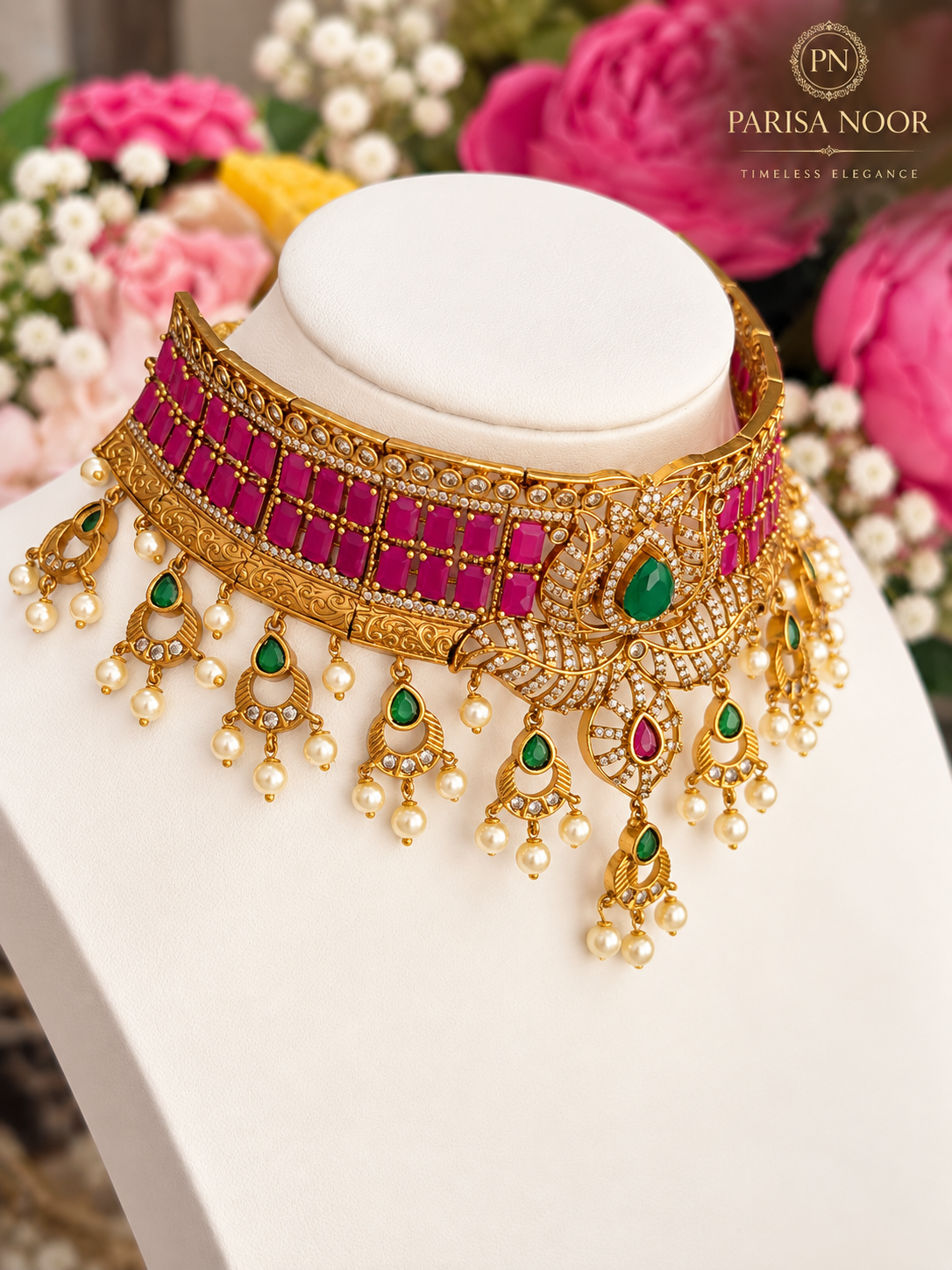 Ariella Luxury Heritage AD Choker Set Ruby Pink