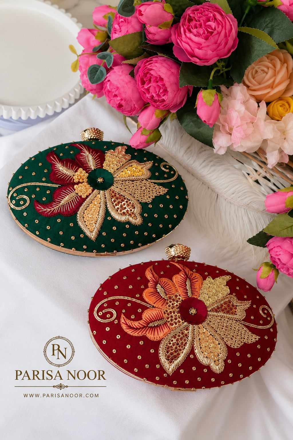 Elena Red Oval Embroidered Clutch
