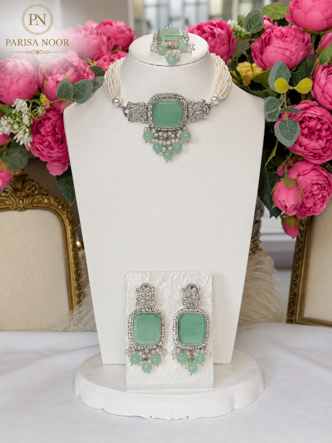 Aylin Turkish Mint Blue Statement Necklace Set