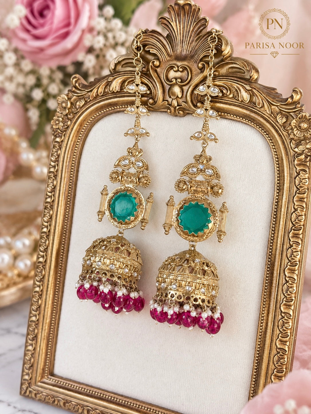 Pravisha Emerald & Ruby Premium Jhumka Earrings with Kaan Chain