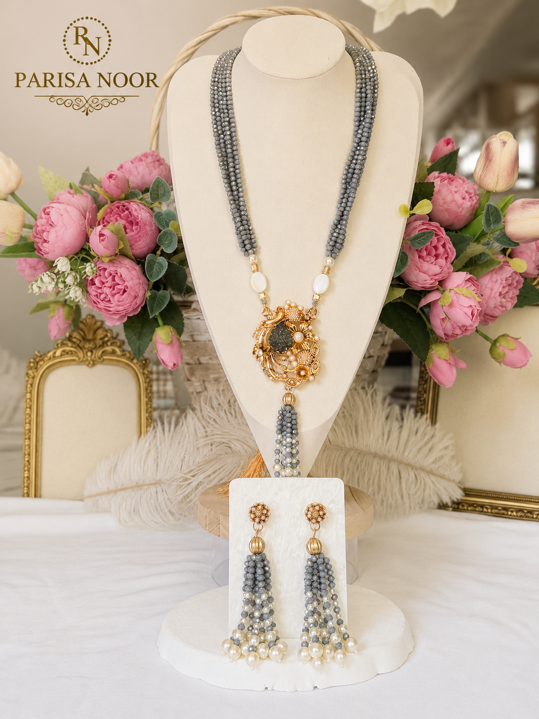 Lalezar Grey & Gold Turkish Tassel Necklace Set