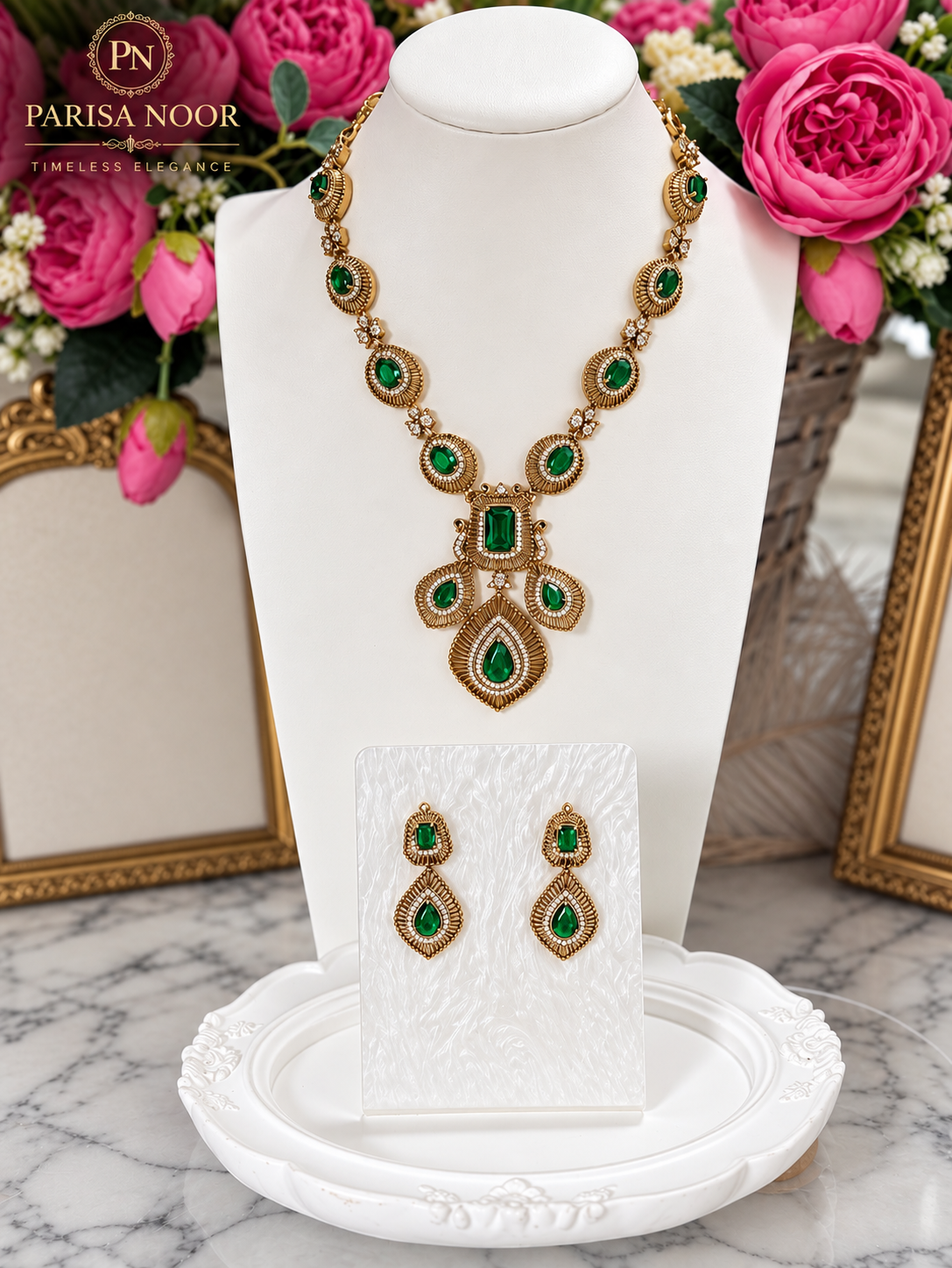 Kashira Green Heritage AD Semi-Long Necklace Set