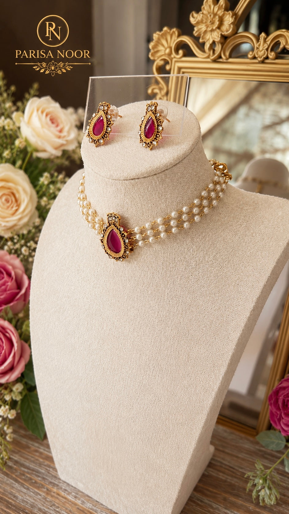 Charu Dainty Pearl Ruby Pink Choker Set