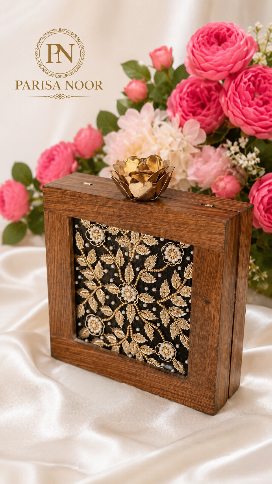 Virelle Embroidered Wooden Box Clutch