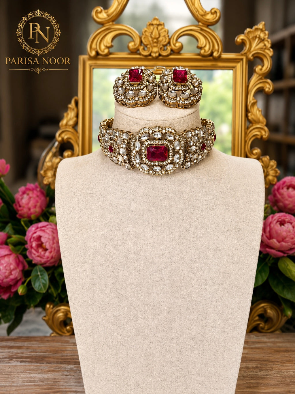 Nivedi Choker Necklace Set - Ruby Red