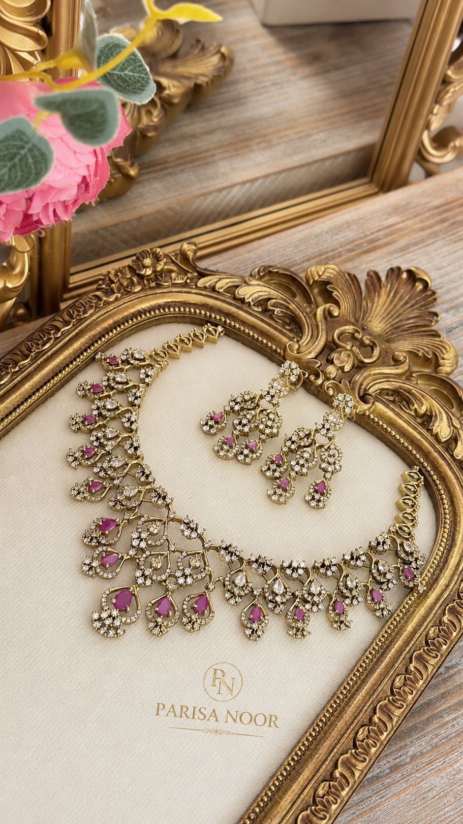 Rubaab Victorian Moissanite Necklace Set – Ruby Pink