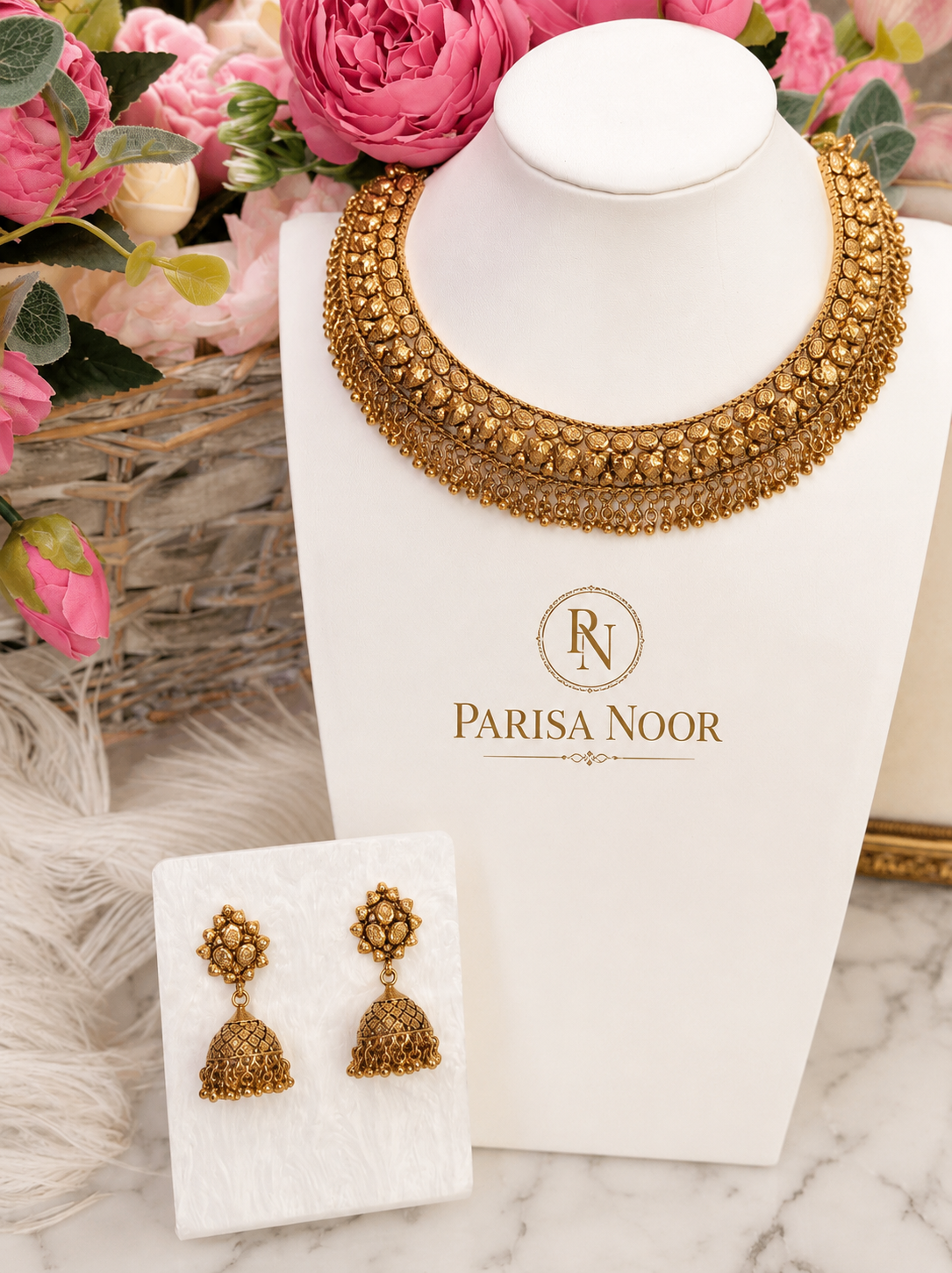 Vamika Antique Gold Jhumki Necklace Set