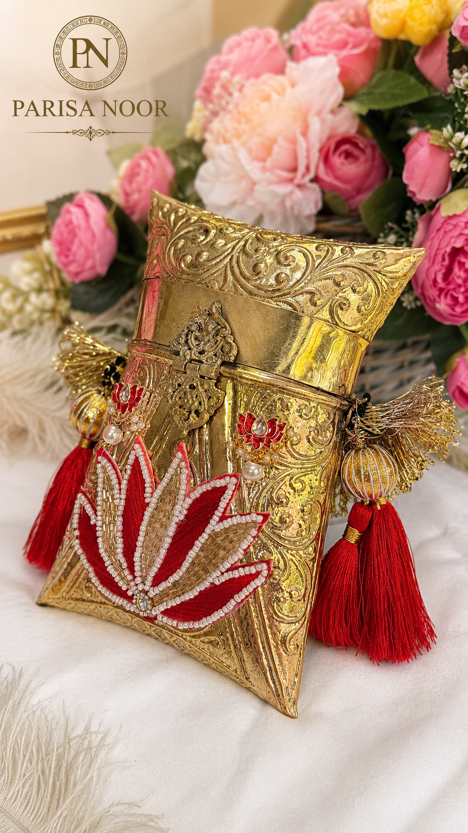 Shefali Red Lotus Brass Clutch Handbag