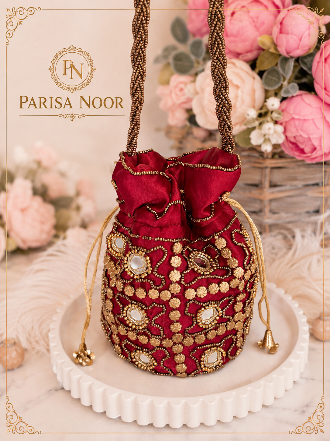 Zura Burgundy Red & Gold Designer Potli Bag