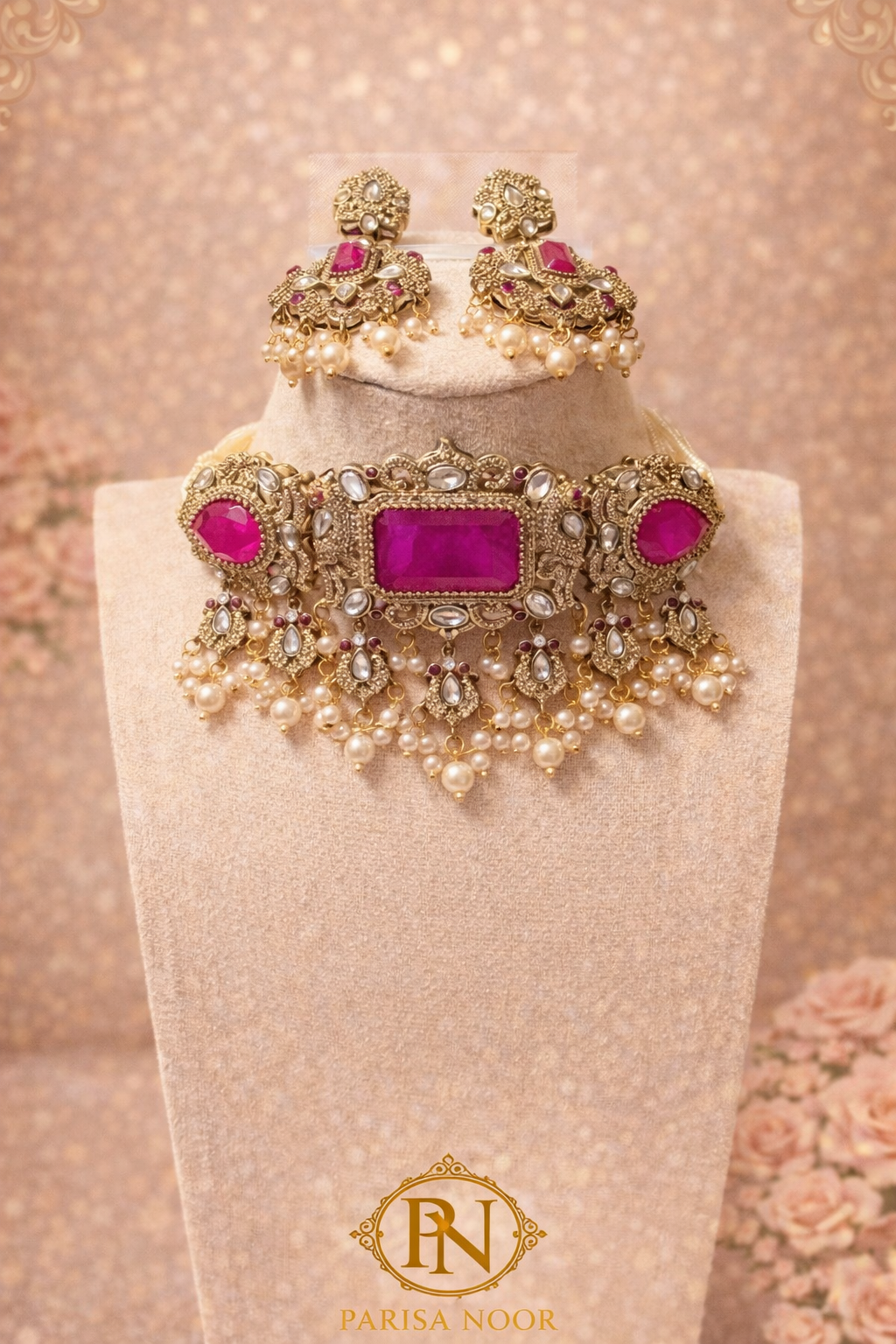 Hayat Victorian Choker Necklace Set - Pink