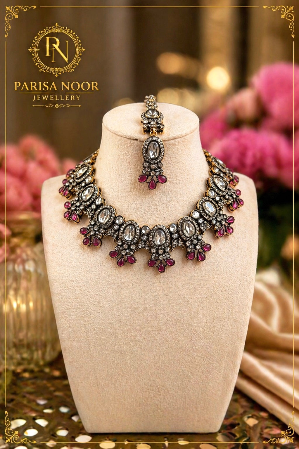 Aiyaara Ruby Kundan Necklace Set with Teeka