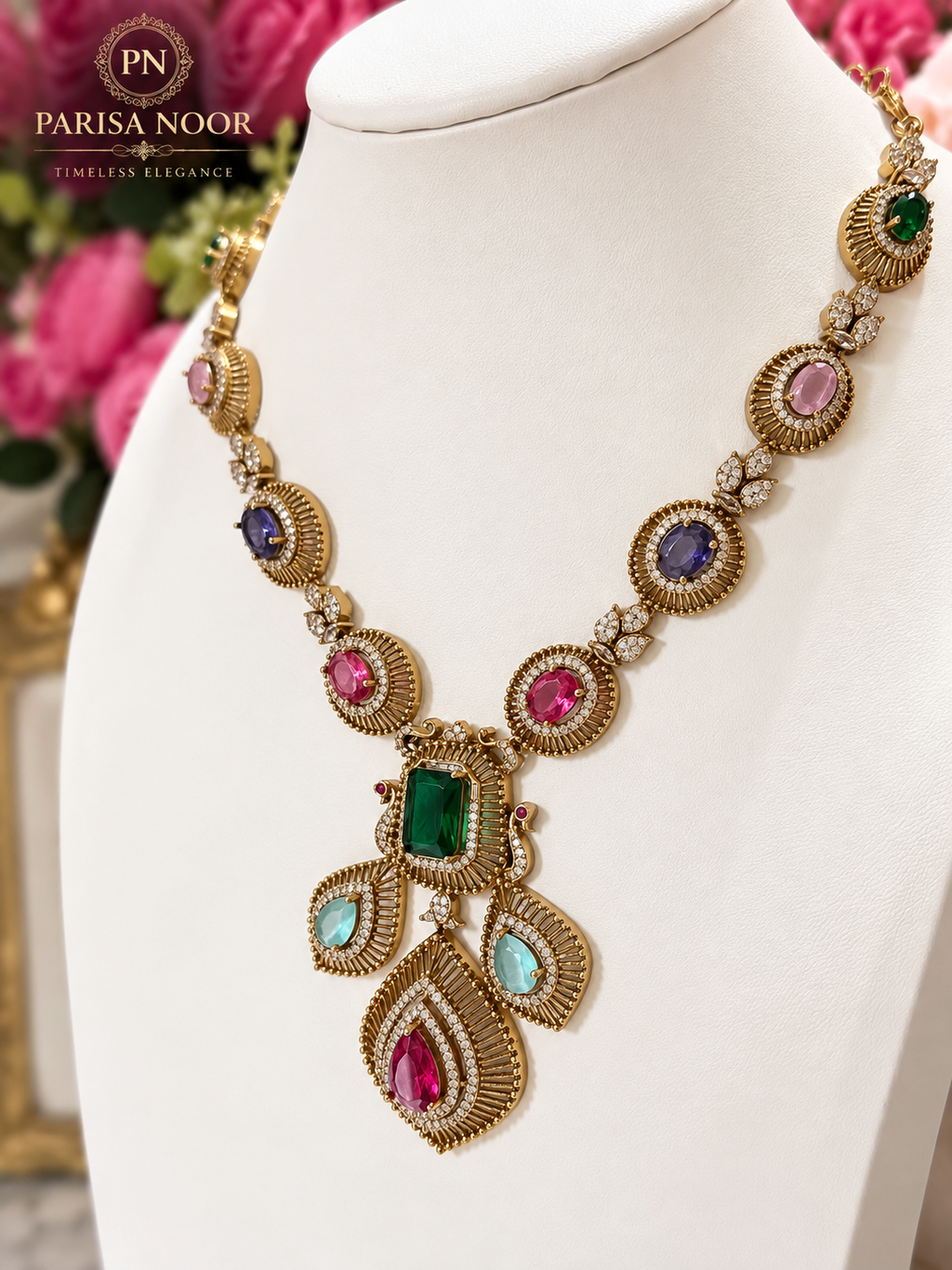 Kashira Multicolour Semi-Long Heritage AD Necklace Set