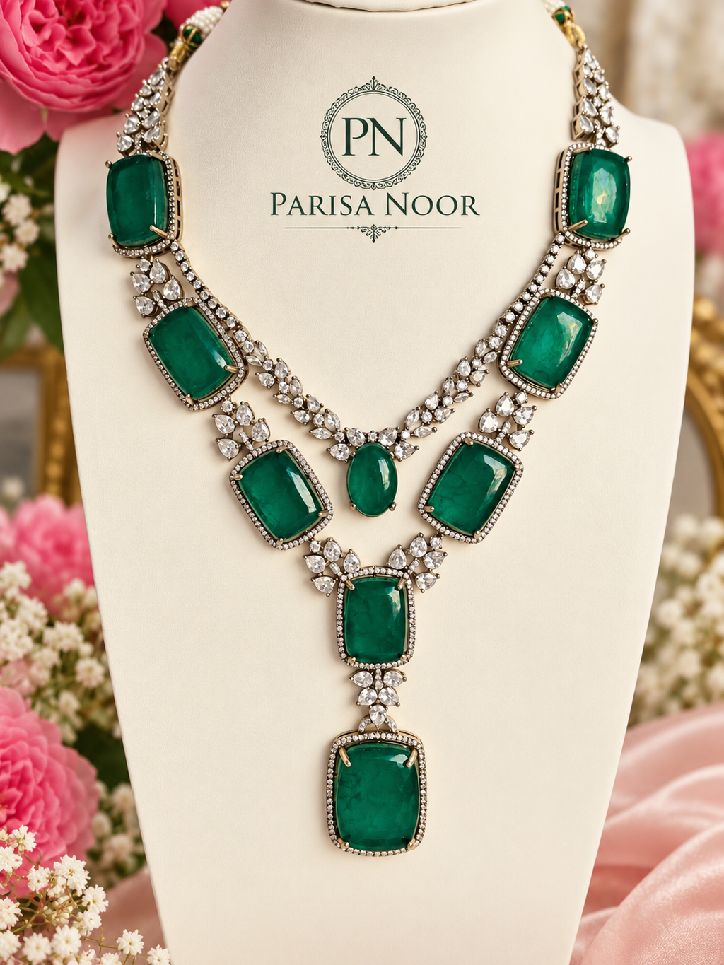 Zarevisha Emerald Green Luxury Semi-Long Necklace Set