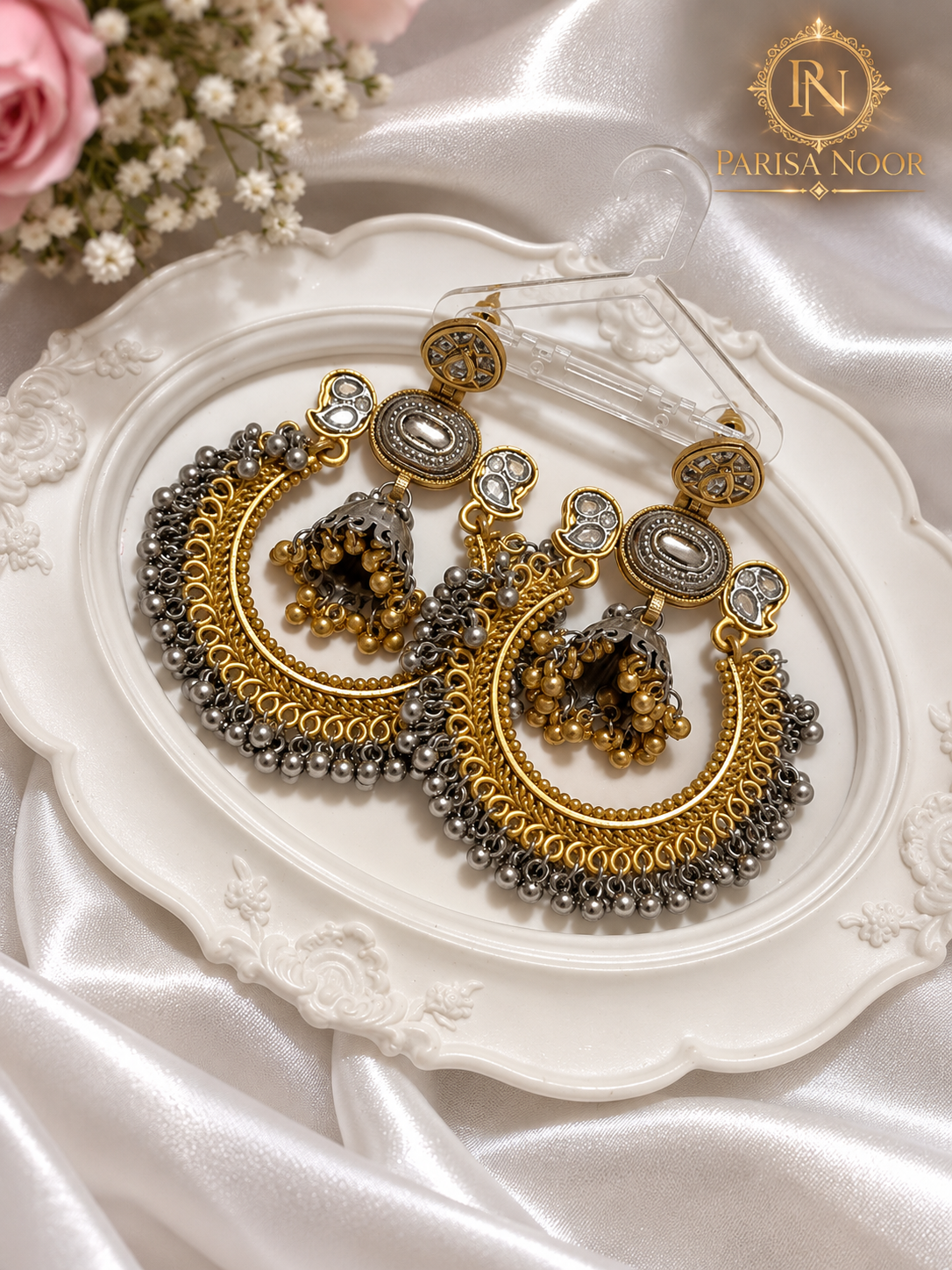 Helena Designer Chandbali Jhumka Brass Earrings
