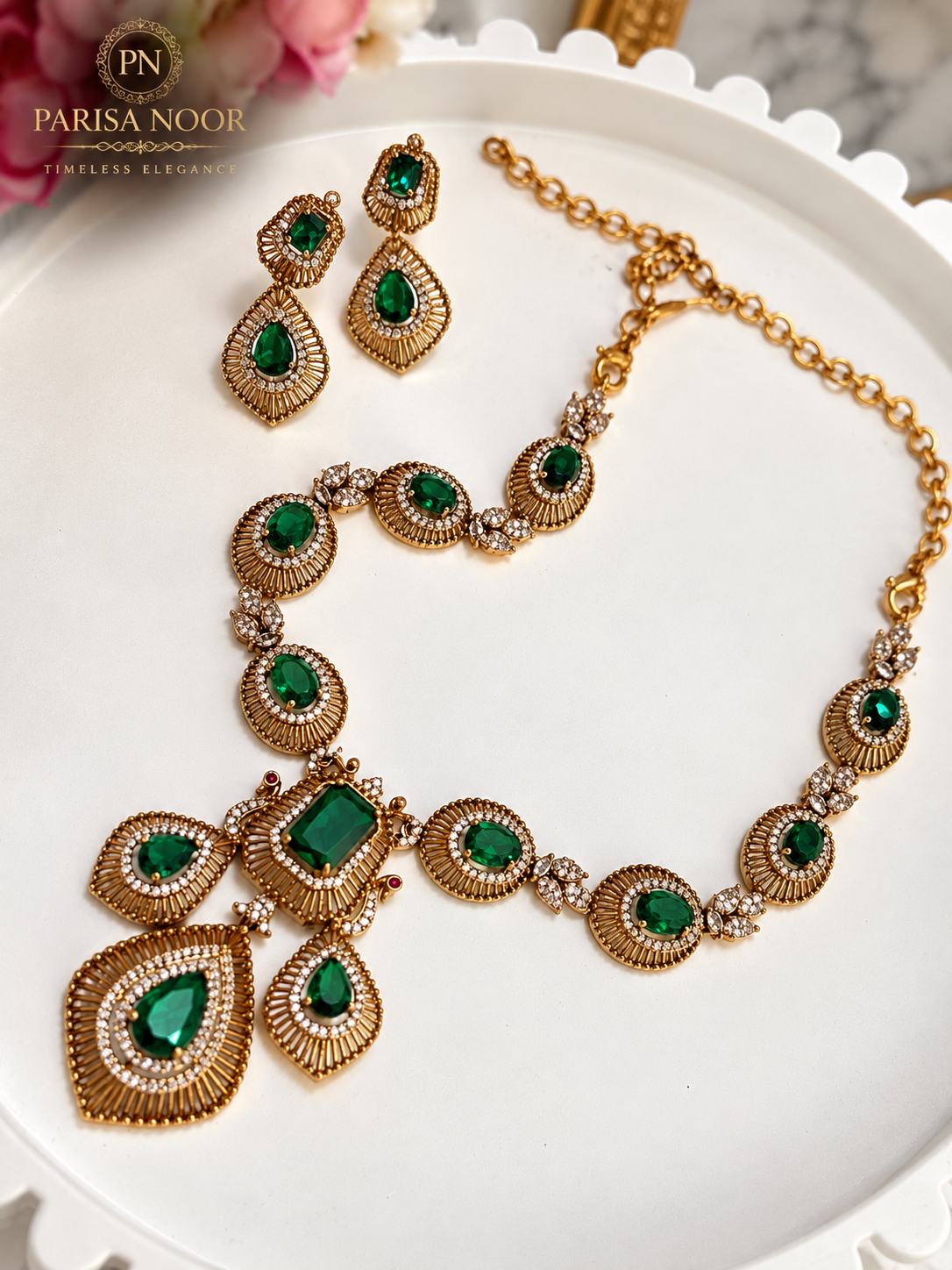 Kashira Green Heritage AD Semi-Long Necklace Set