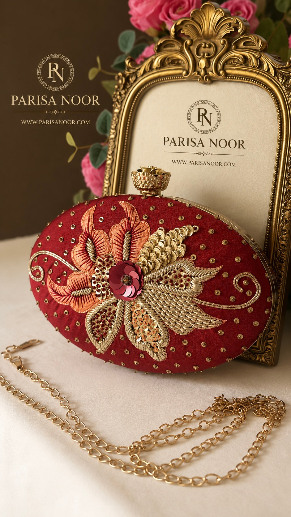 Elena Red Oval Embroidered Clutch