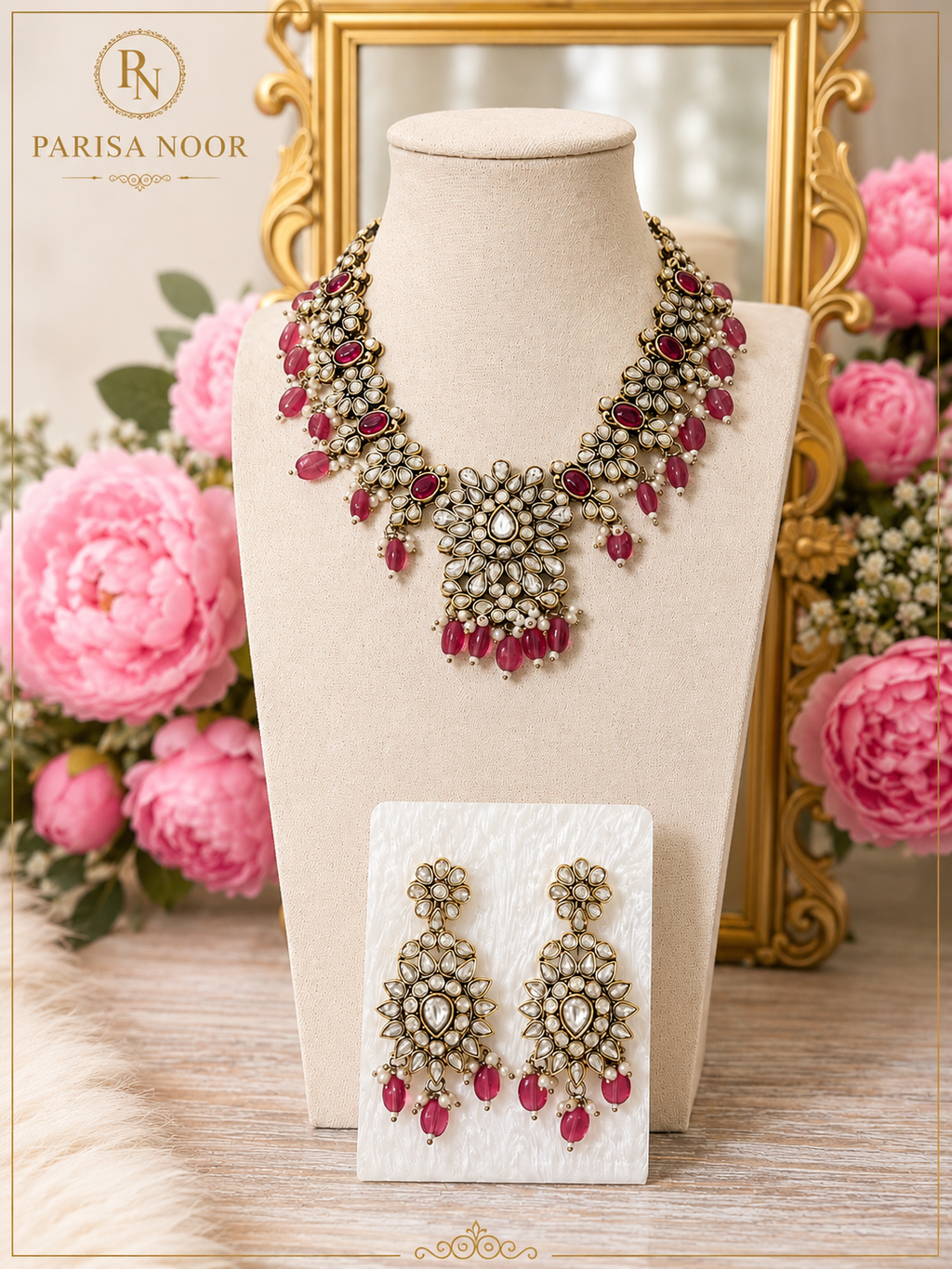 Monalisa Rose Pink Kundan Necklace Set