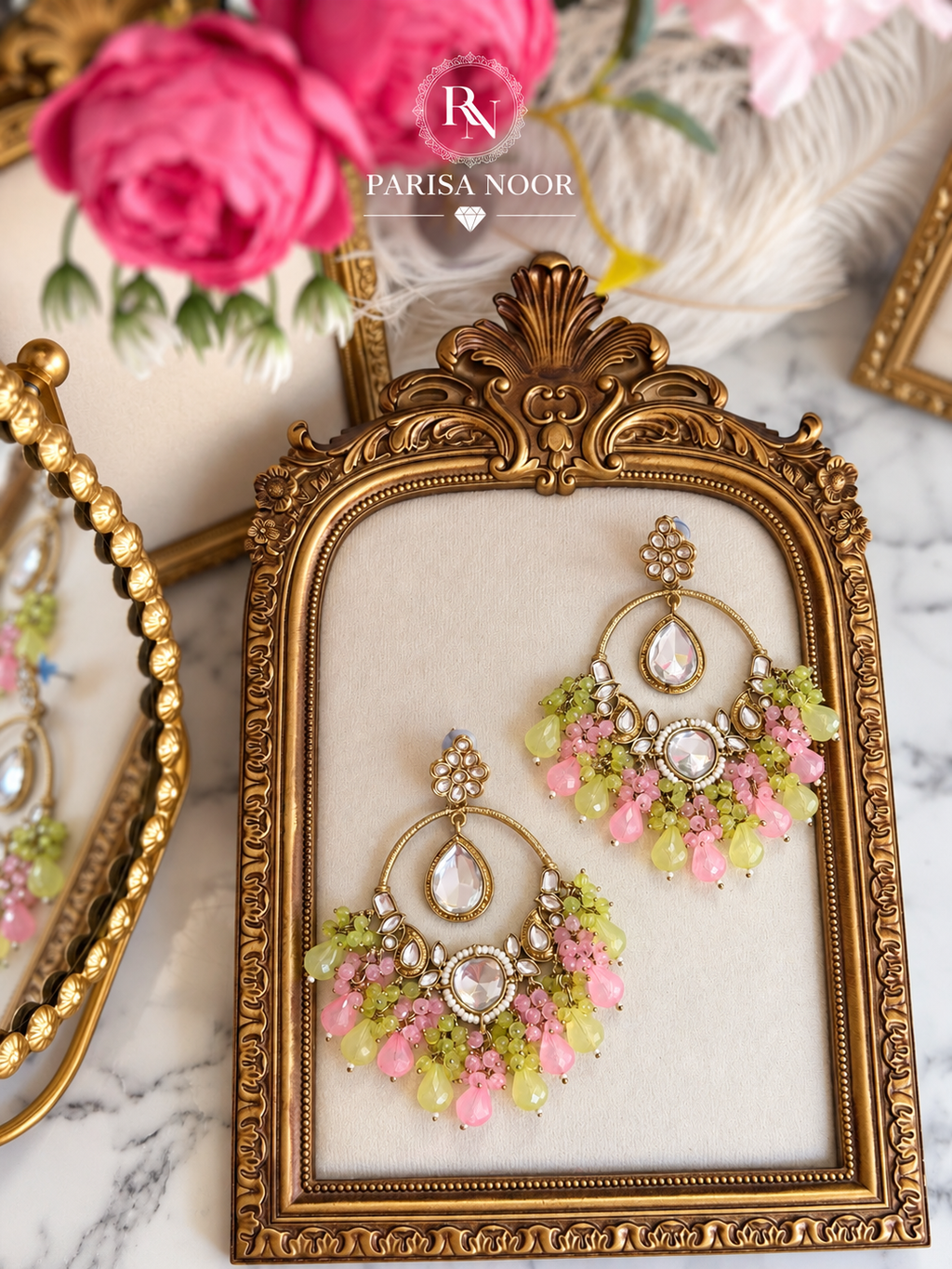 Zelina Mint & Pink Kundan Beaded Chandbali Earrings