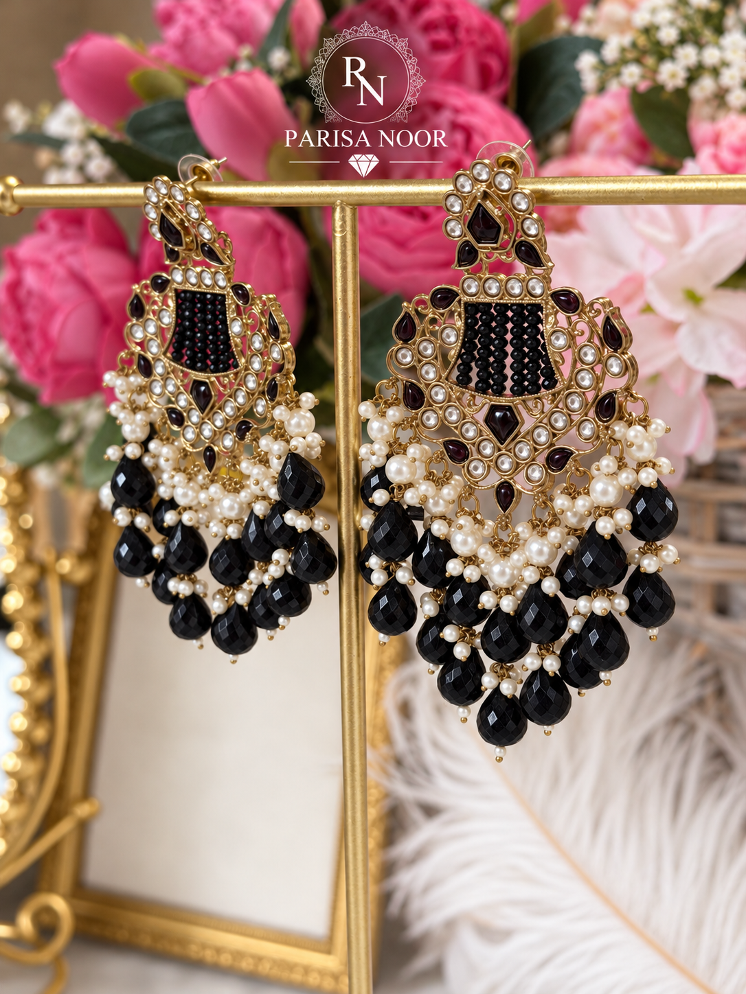 Kavira Black Kundan Pearl Chandbali Earrings