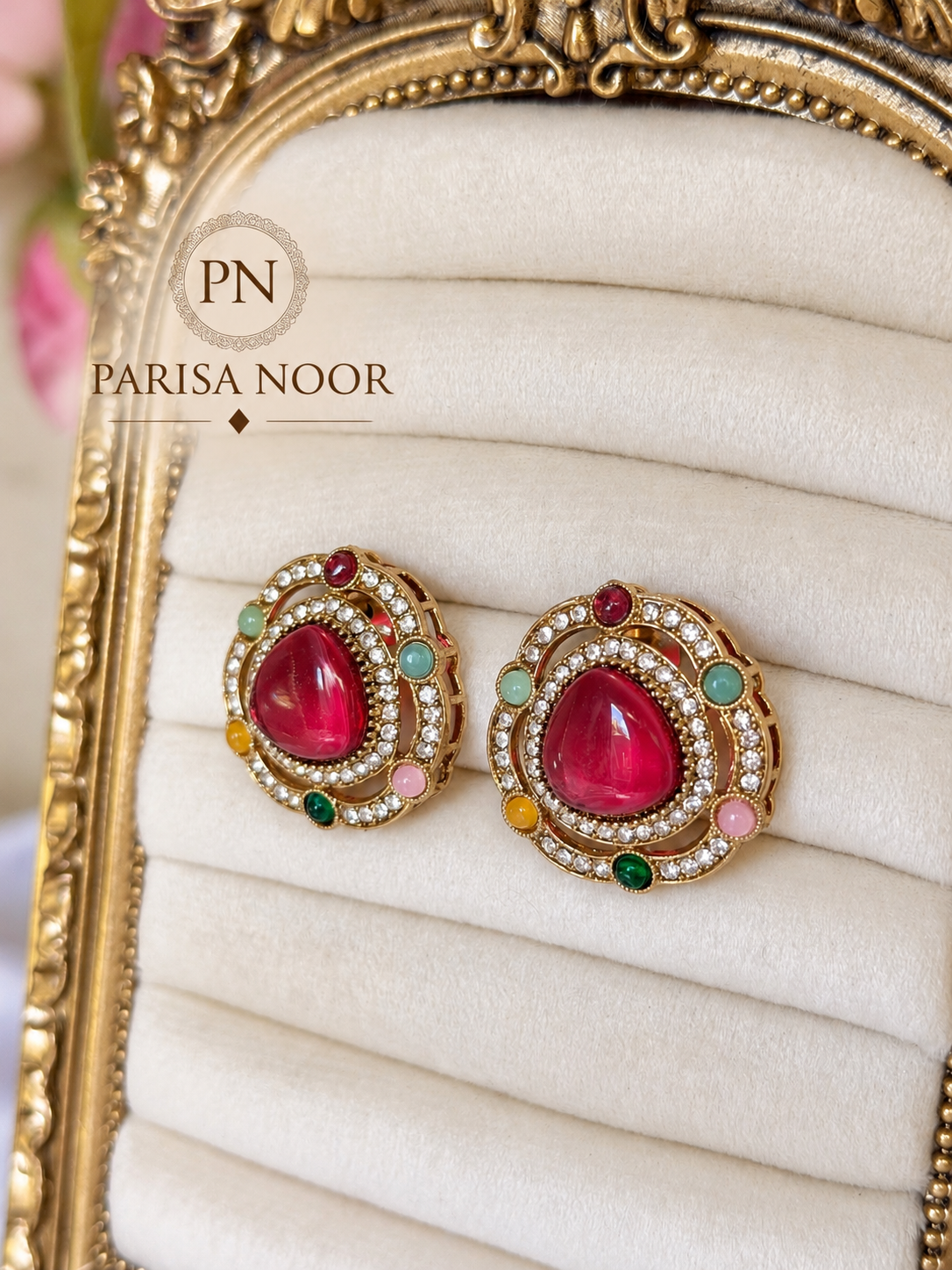 Ruhmeera Ruby Pink Multicolour Designer Stud Earrings