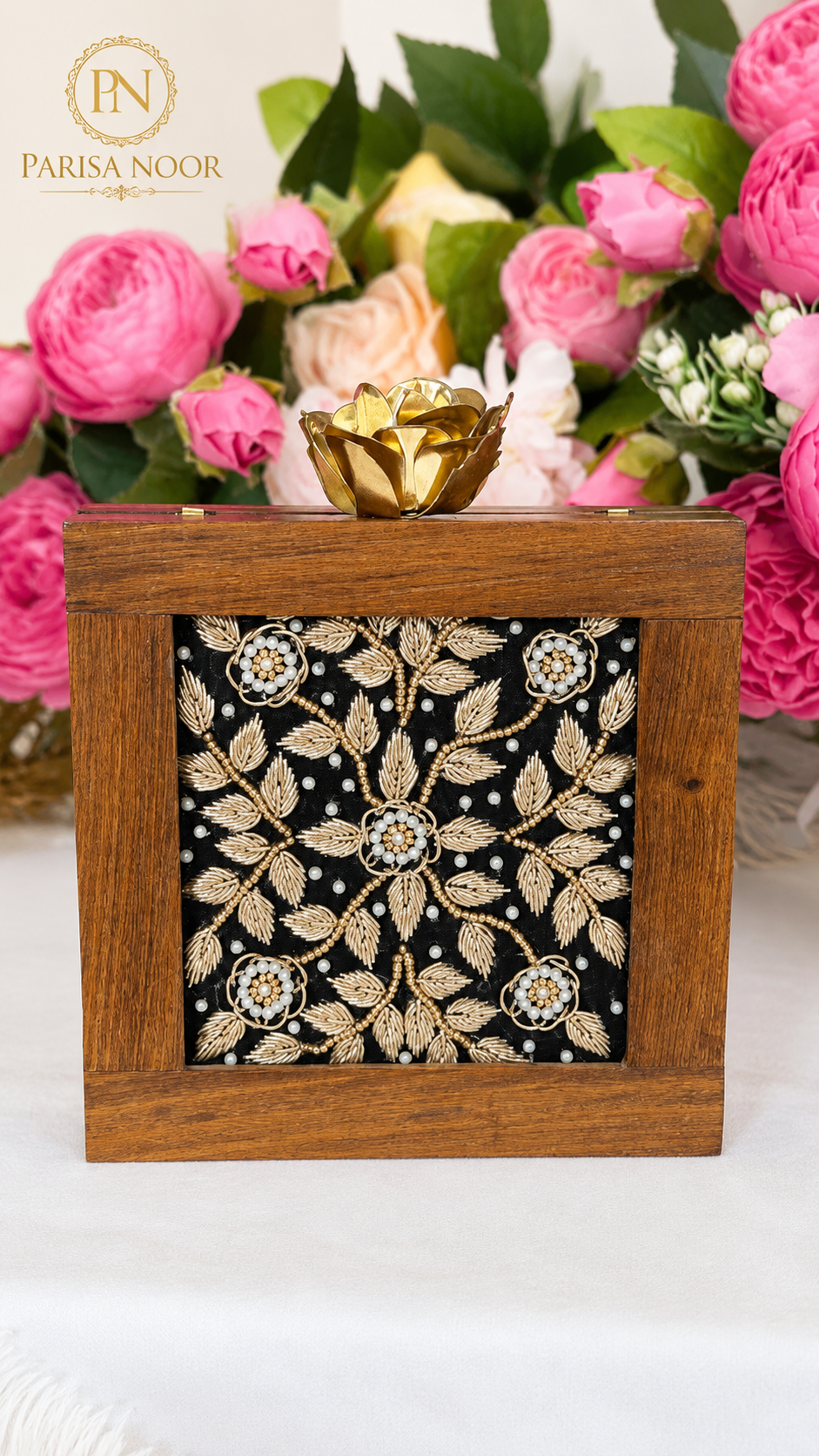 Virelle Embroidered Wooden Box Clutch