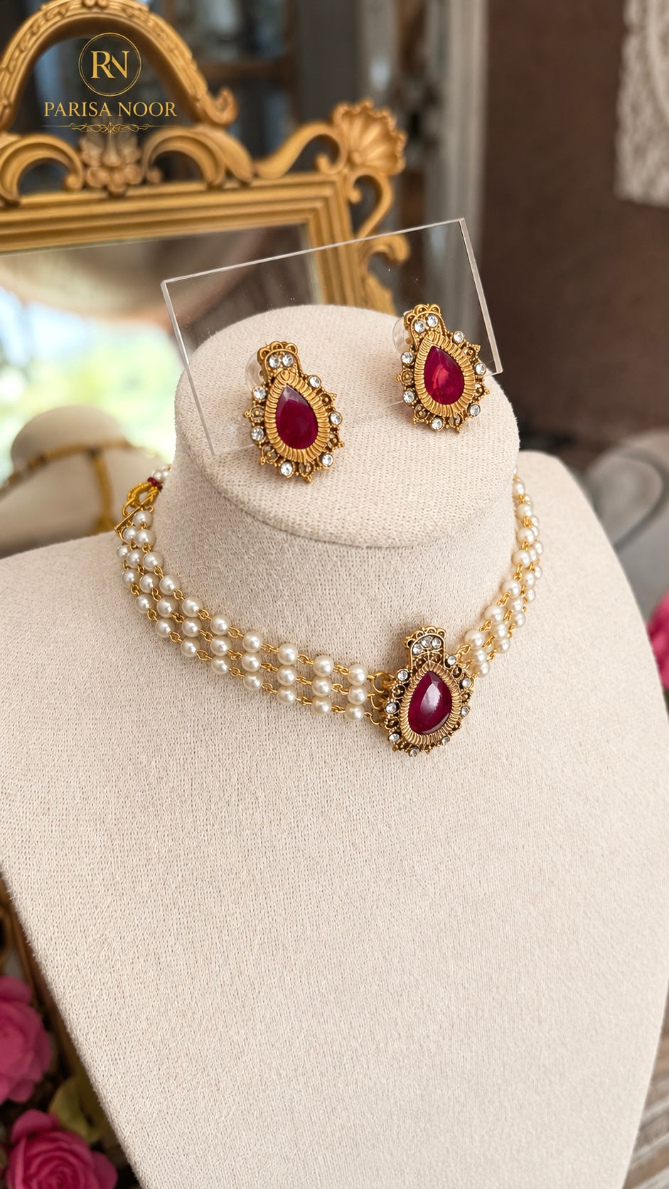 Charu Dainty Pearl Ruby Pink Choker Set