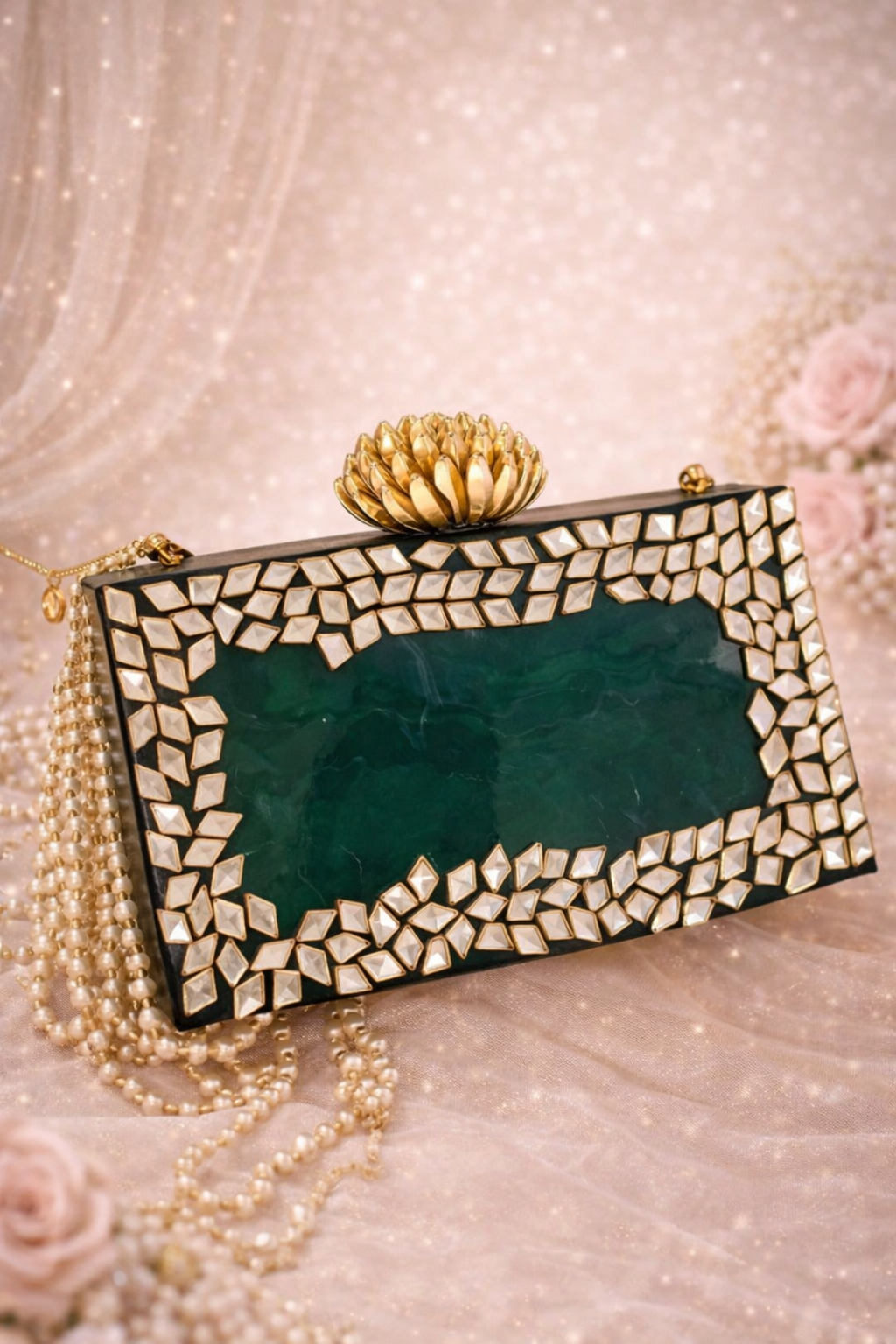 Zara Kundan Green Resin clutch with Pearl Handle