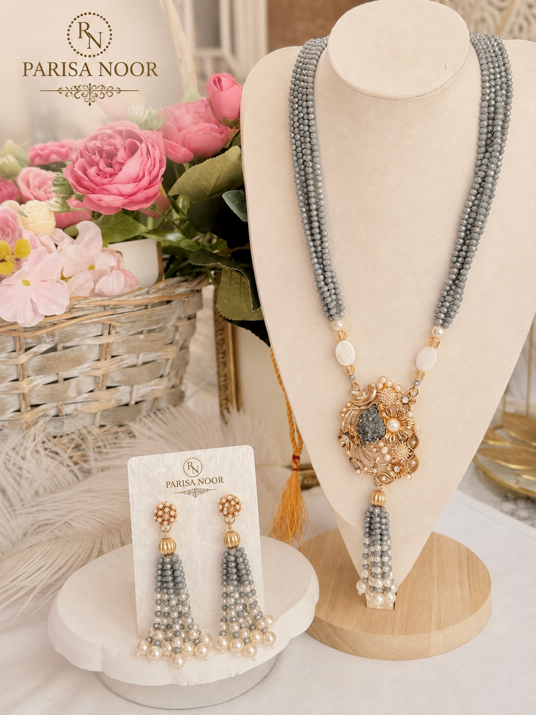 Lalezar Grey & Gold Turkish Tassel Necklace Set