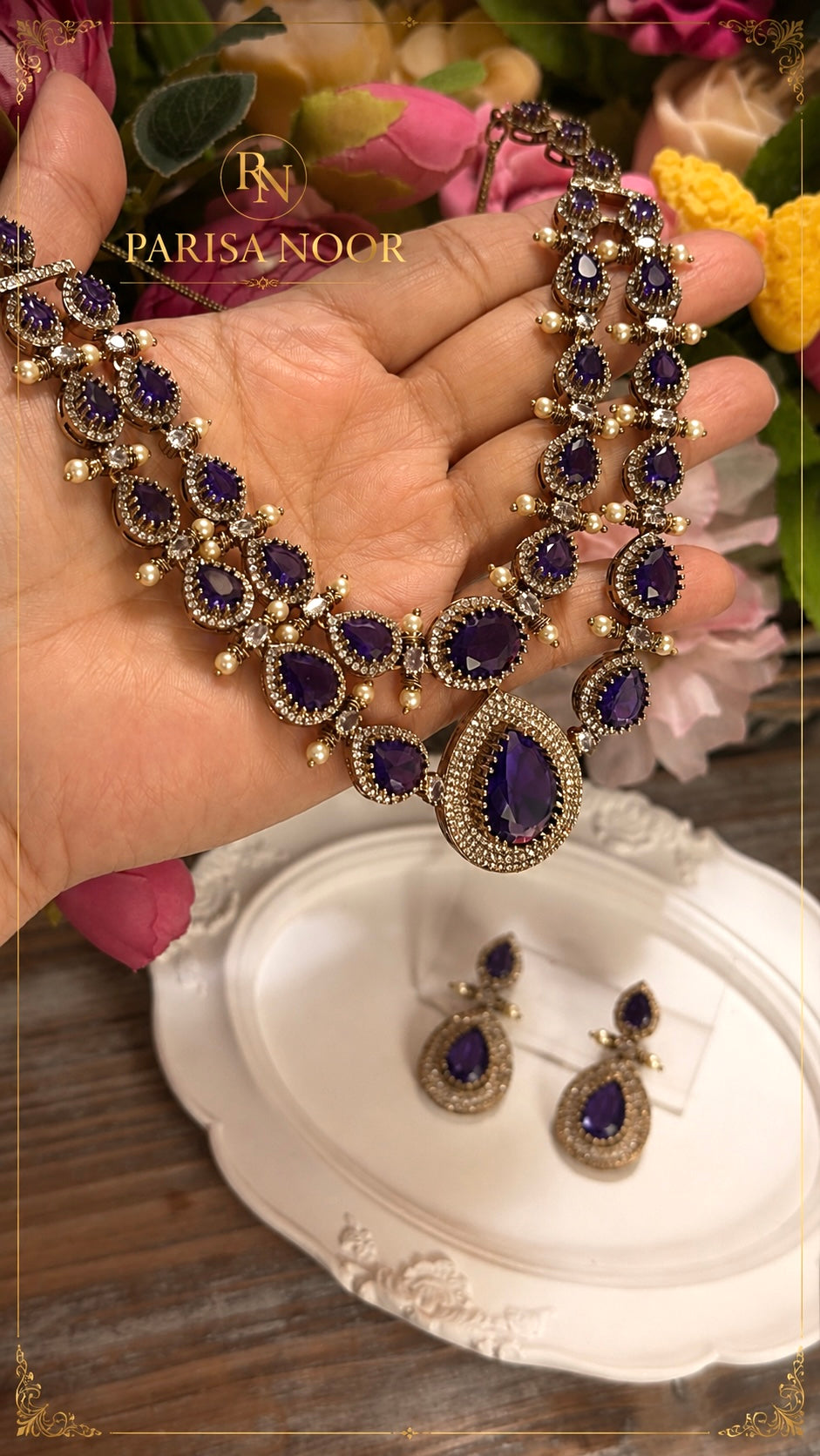 Leena Amethyst Victorian AD Double Layer Necklace Set