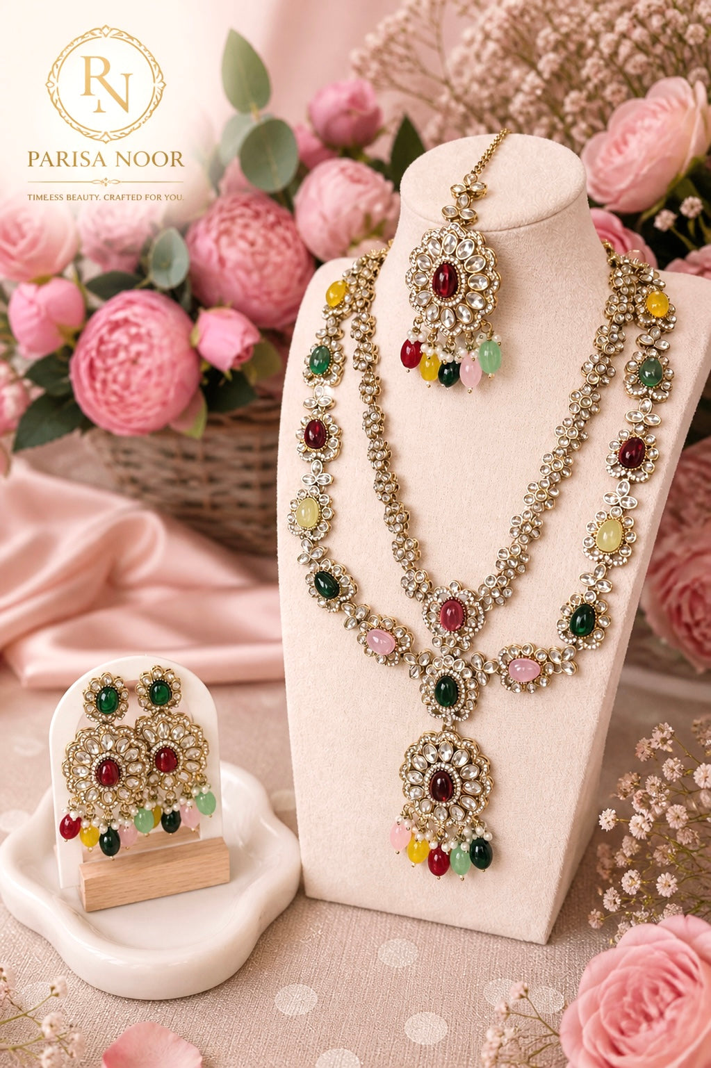 Naveli Multi Premium Layer Kundan Long Necklace with Earring and Mangteeka