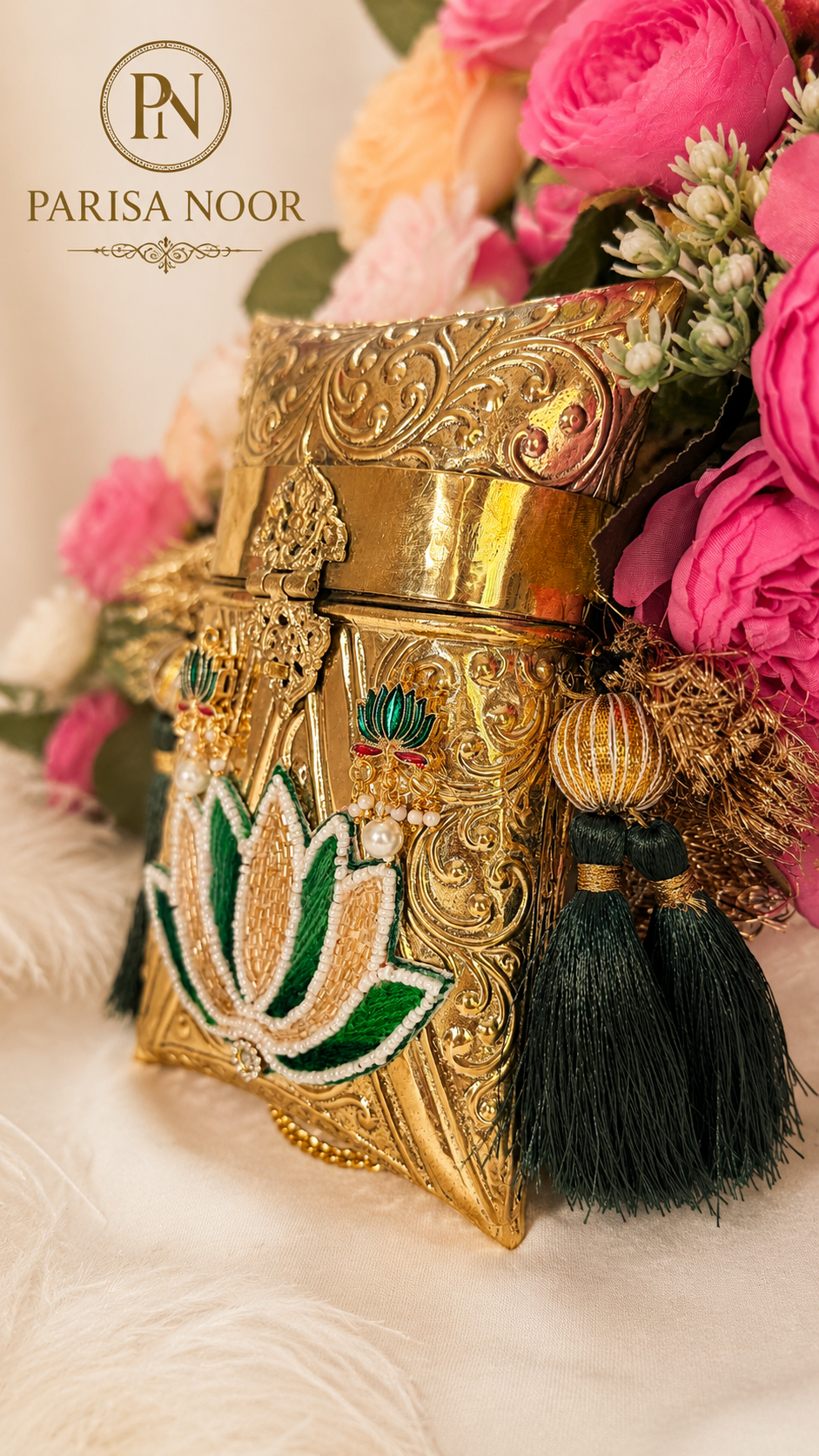 Shefali Emerald Lotus Brass Clutch Handbag