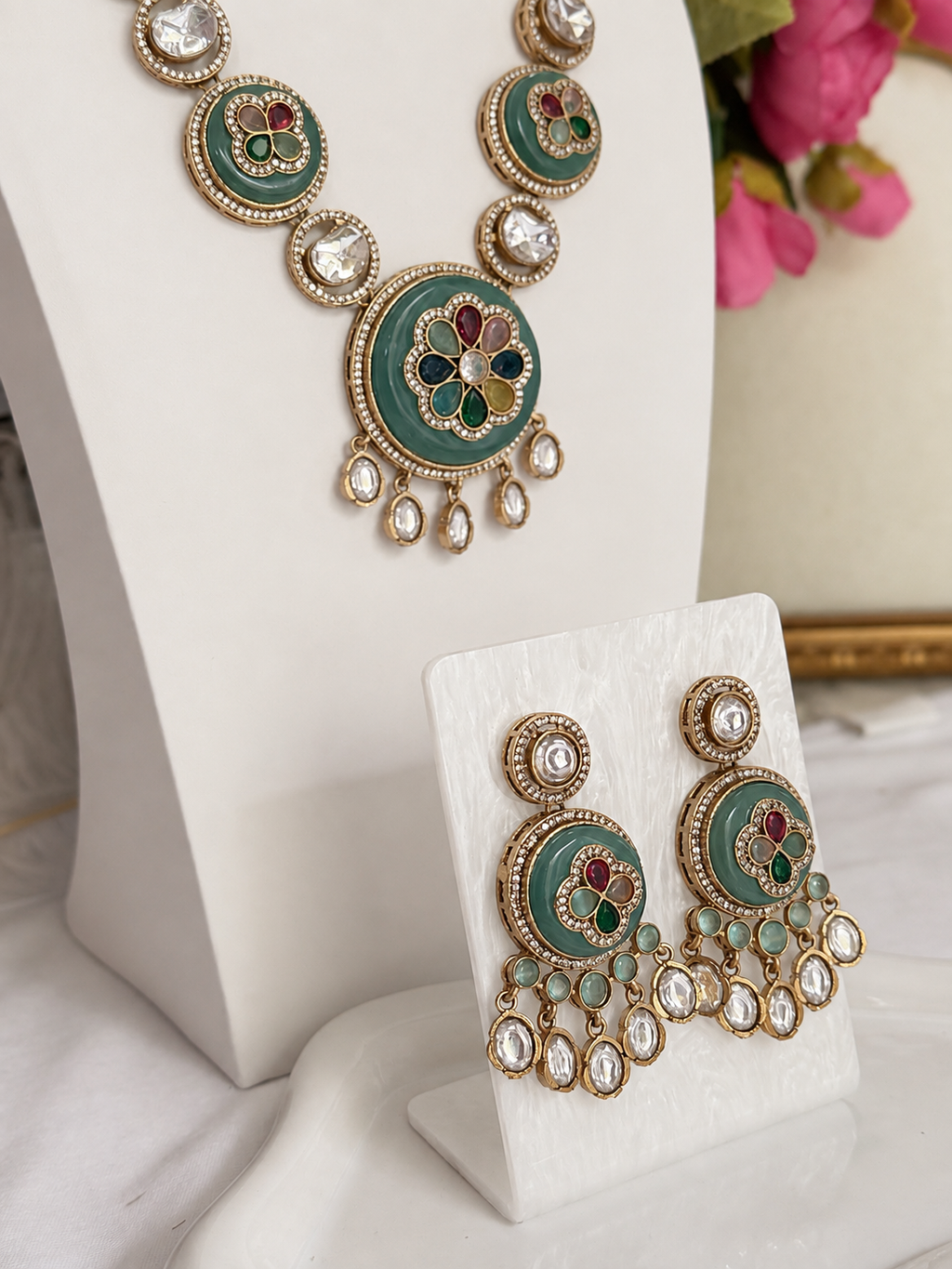 Meherza Mint Multicolour Designer Semi-Long Necklace Set