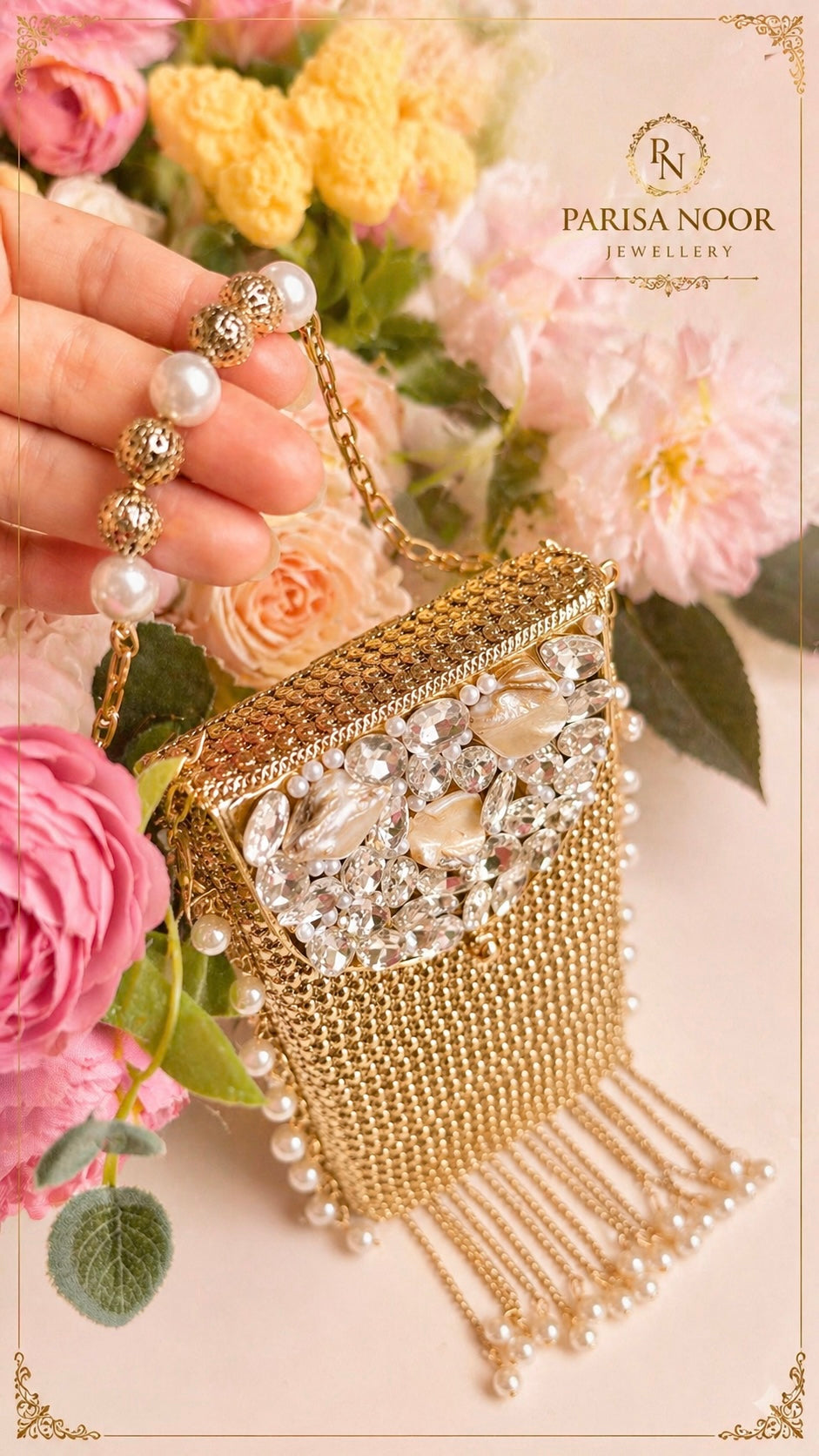 Brass Mother of Pearl Mobile Clutch Bag Gold