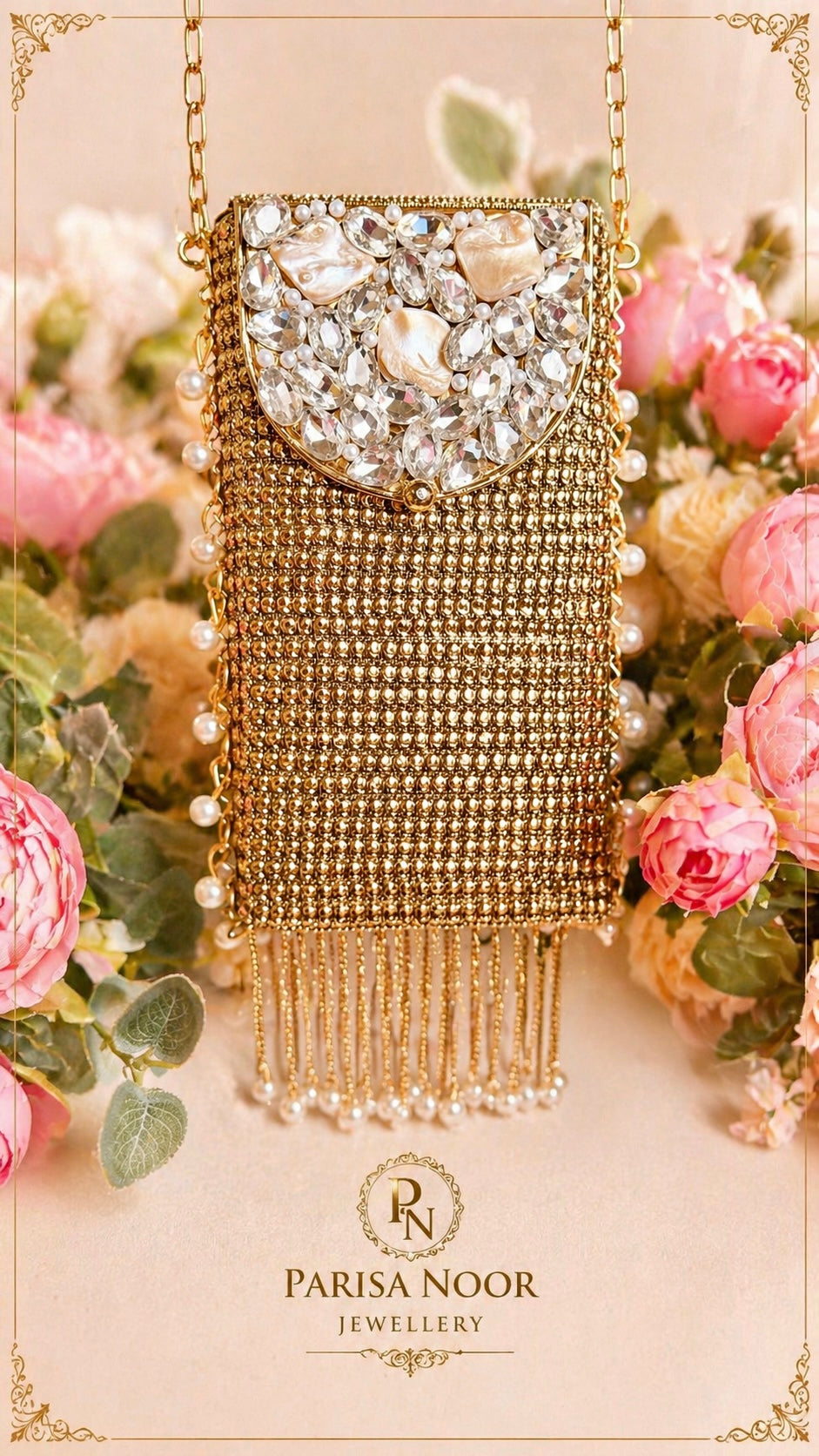 Brass Mother of Pearl Mobile Clutch Bag Gold