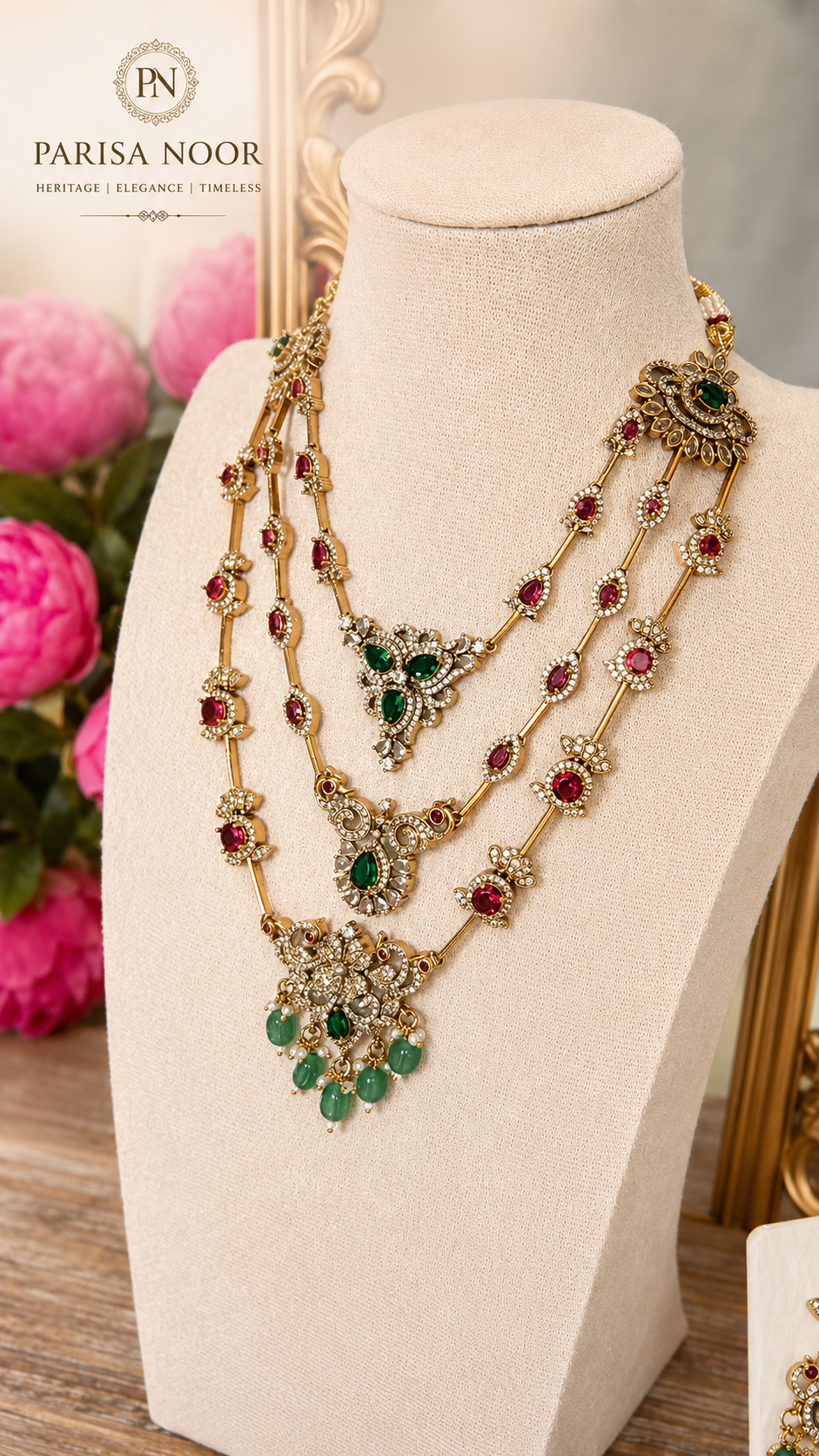 Qaynat Victorian Three Layer Semi Long Necklace Set