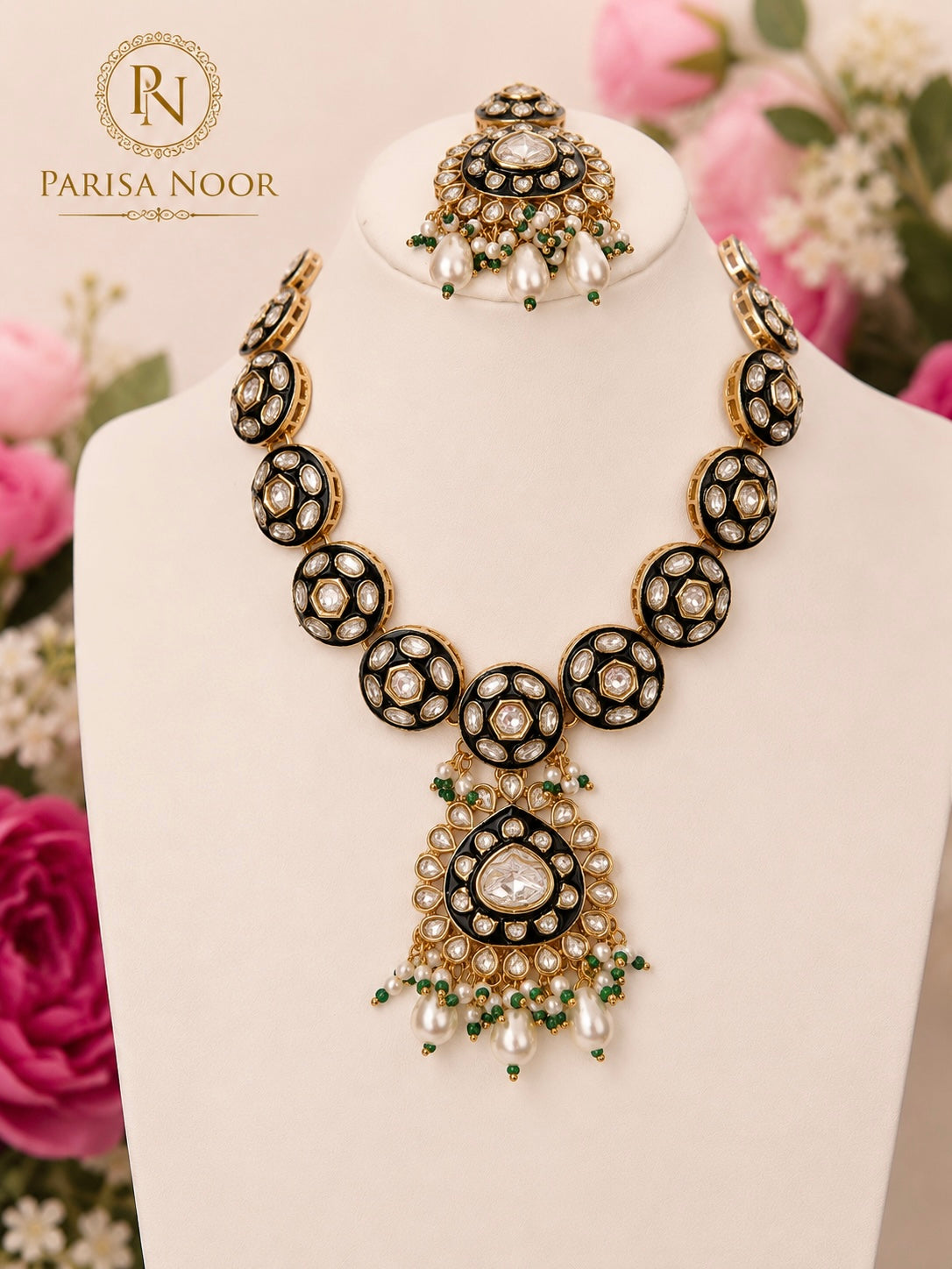 Vanya Meenakari Kundan Green Necklace Set