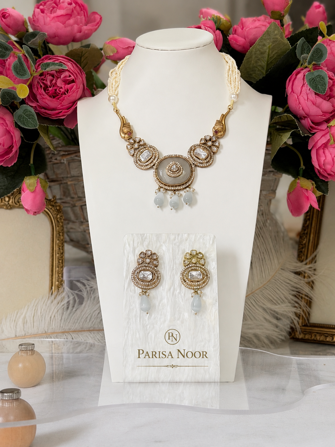 Avni Ivory Polki & Pearl Designer Semi Long Necklace Set