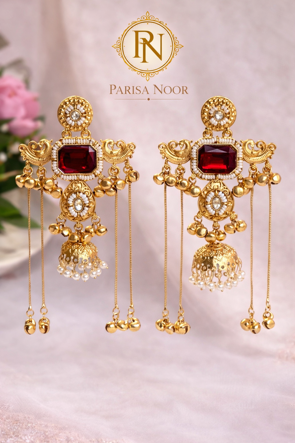 Saira Kashmiri Ghungru Earrings Red