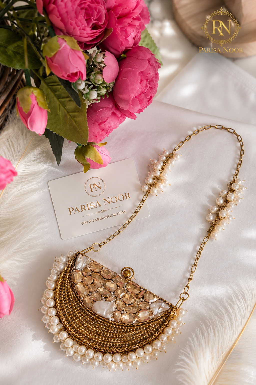 Luna Luxe Half Moon Pearl Crystal Mini Clutch