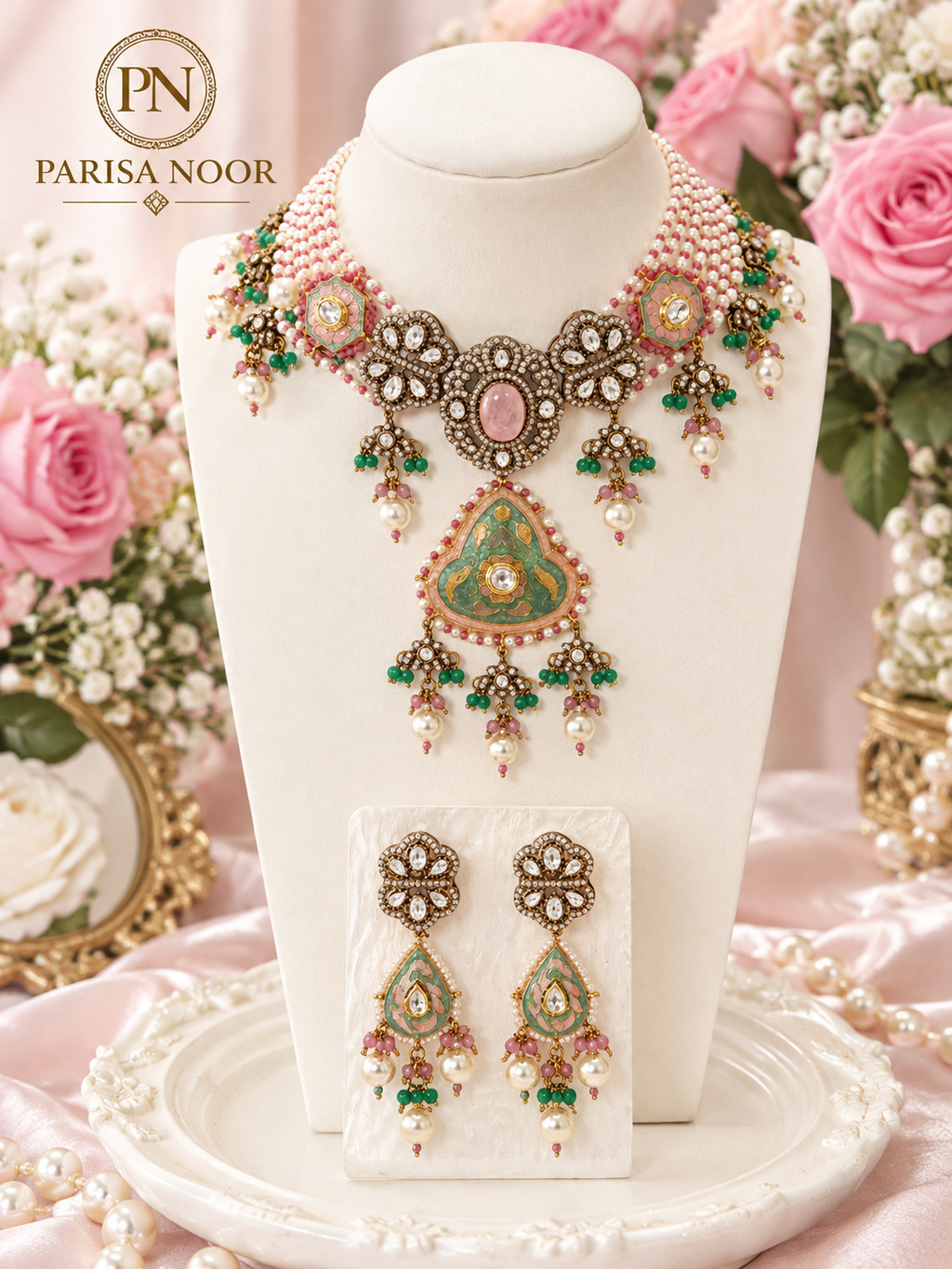 Mehrnaz Pastel Meenakari Luxury Pearl Kundan Necklace Set