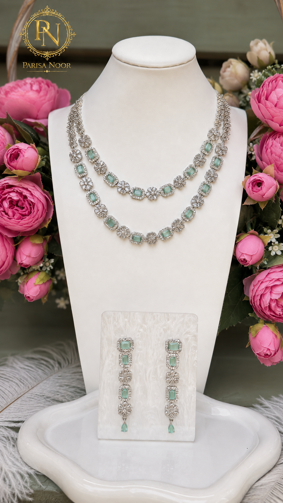 Nayeli Mint Blue Double Layer AD Necklace Set