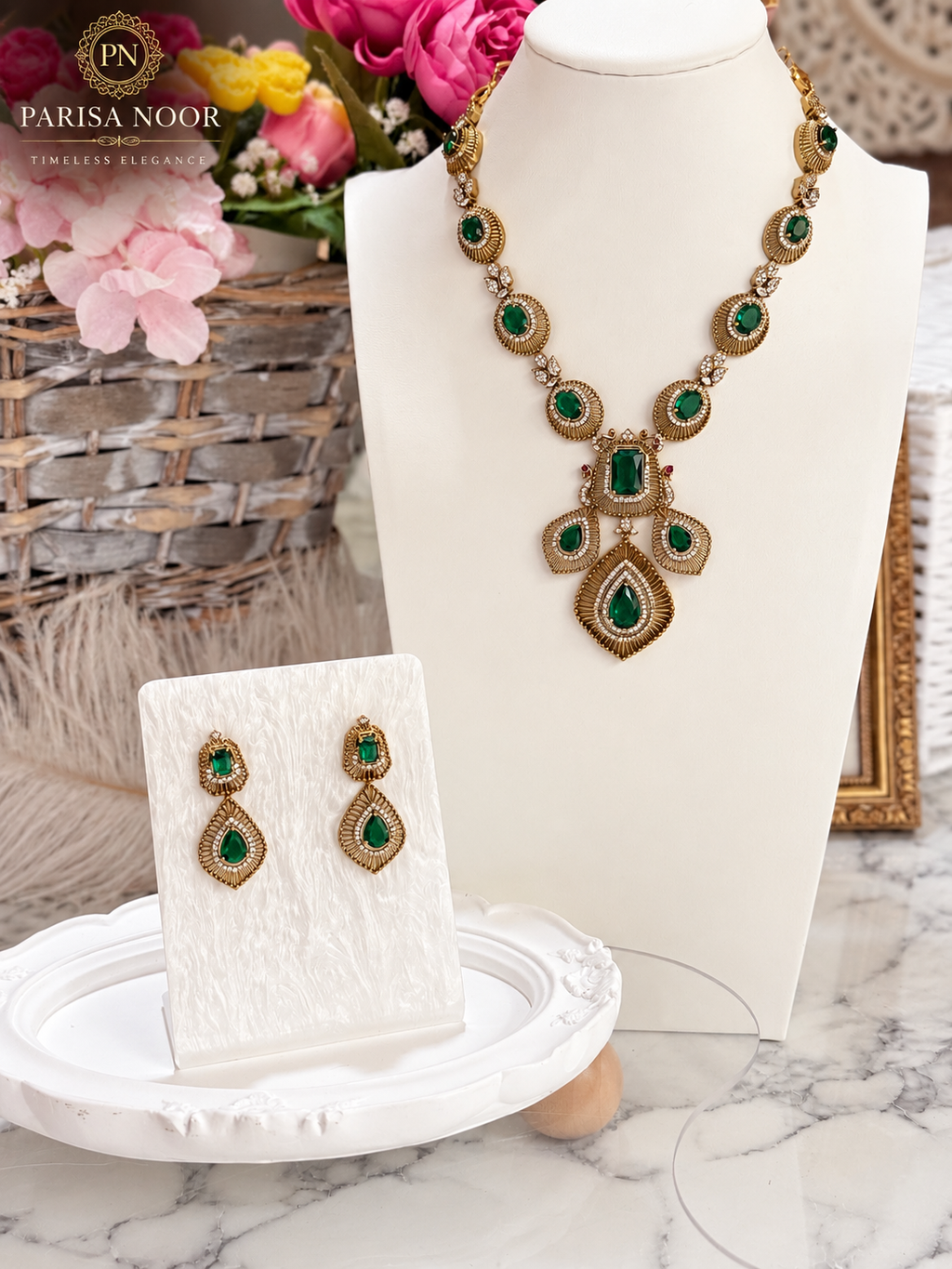 Kashira Green Heritage AD Semi-Long Necklace Set
