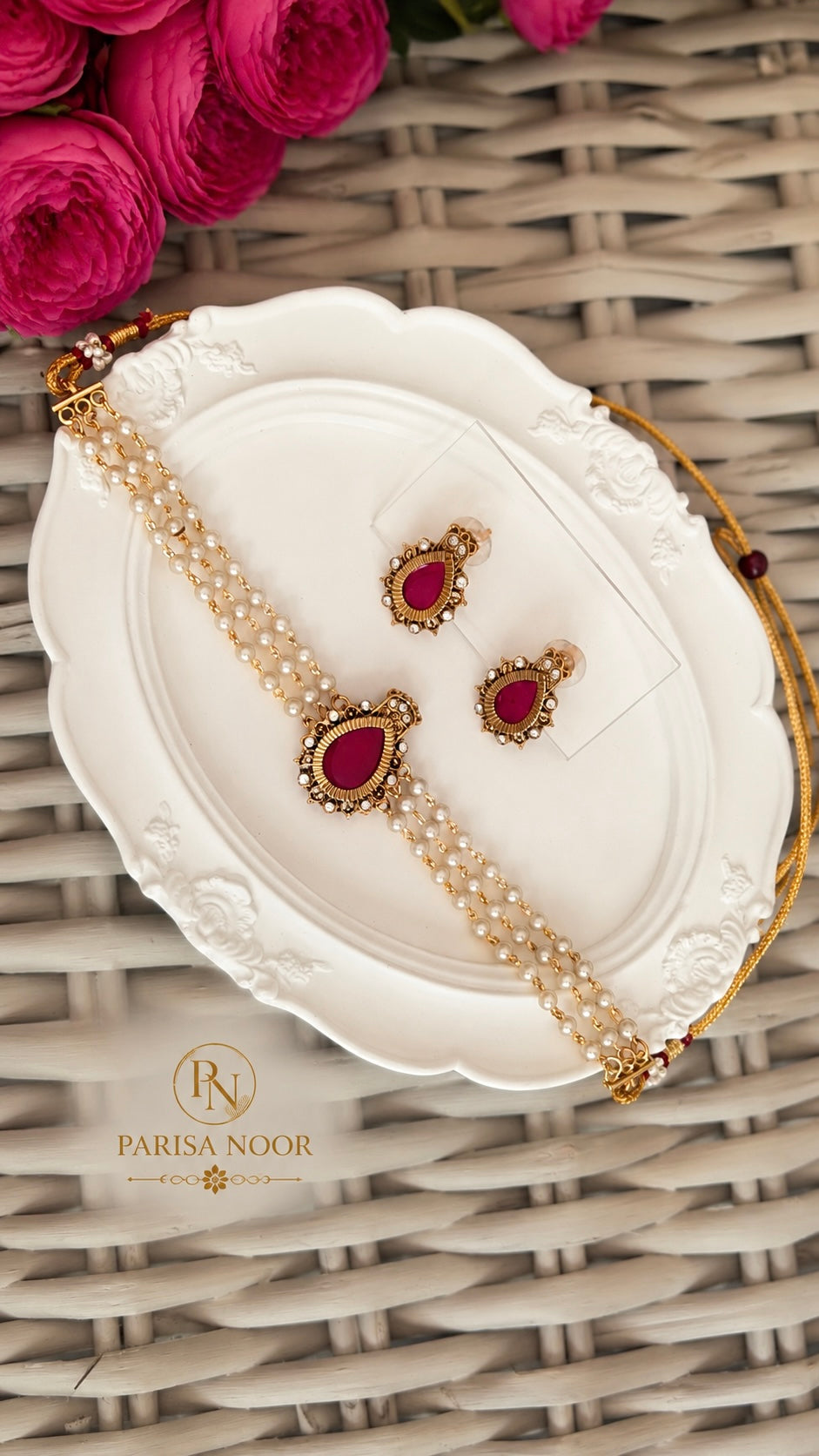Charu Dainty Pearl Ruby Pink Choker Set