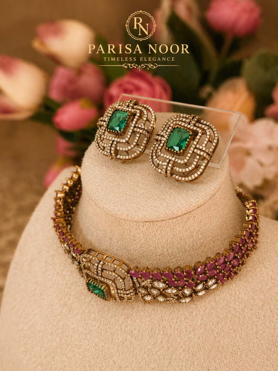 Rose Emerald Luxury Victorian Choker Necklace Set