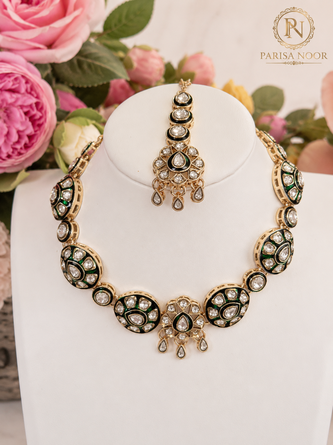 Meherza Kundan Meenakari Green Necklace Set