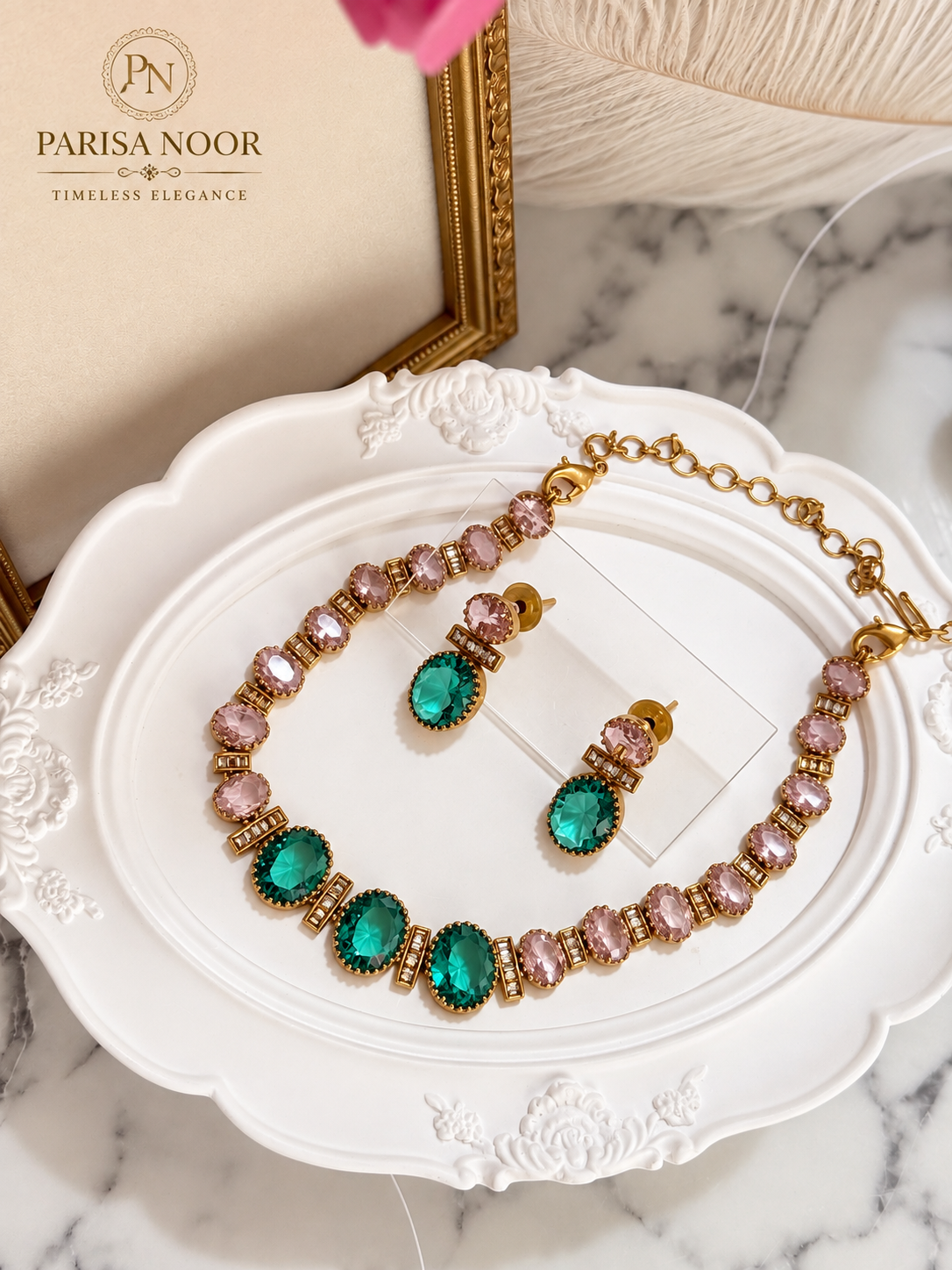 Liora Pink & Emerald Victorian AD Necklace Set