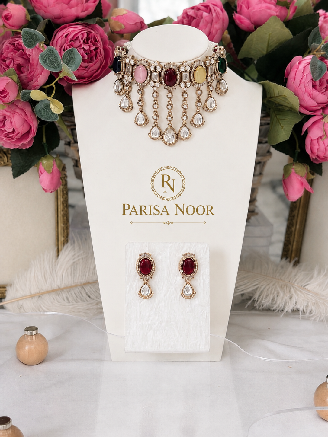 Zareefa Multicolour Waterfall Kundan Necklace Set