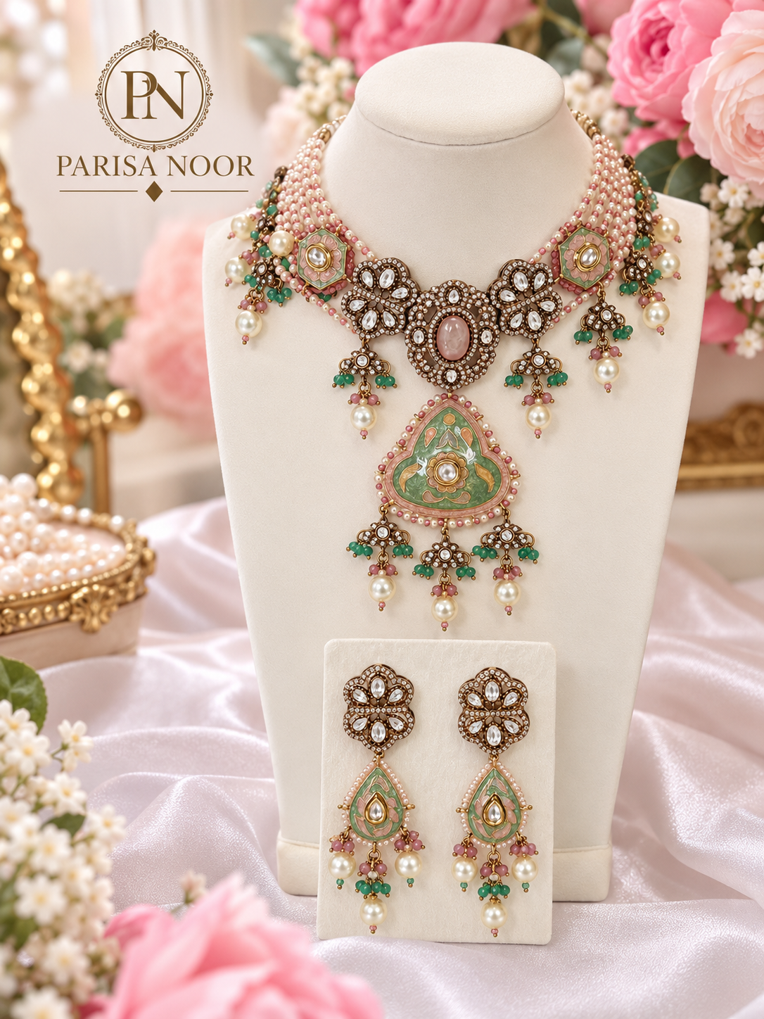 Mehrnaz Pastel Meenakari Luxury Pearl Kundan Necklace Set