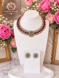 Elvaira Ruby Pink & Mint Green Premium Victorian Designer Necklace Set